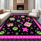 Neon Christmas Objects Black Pink Border Rug