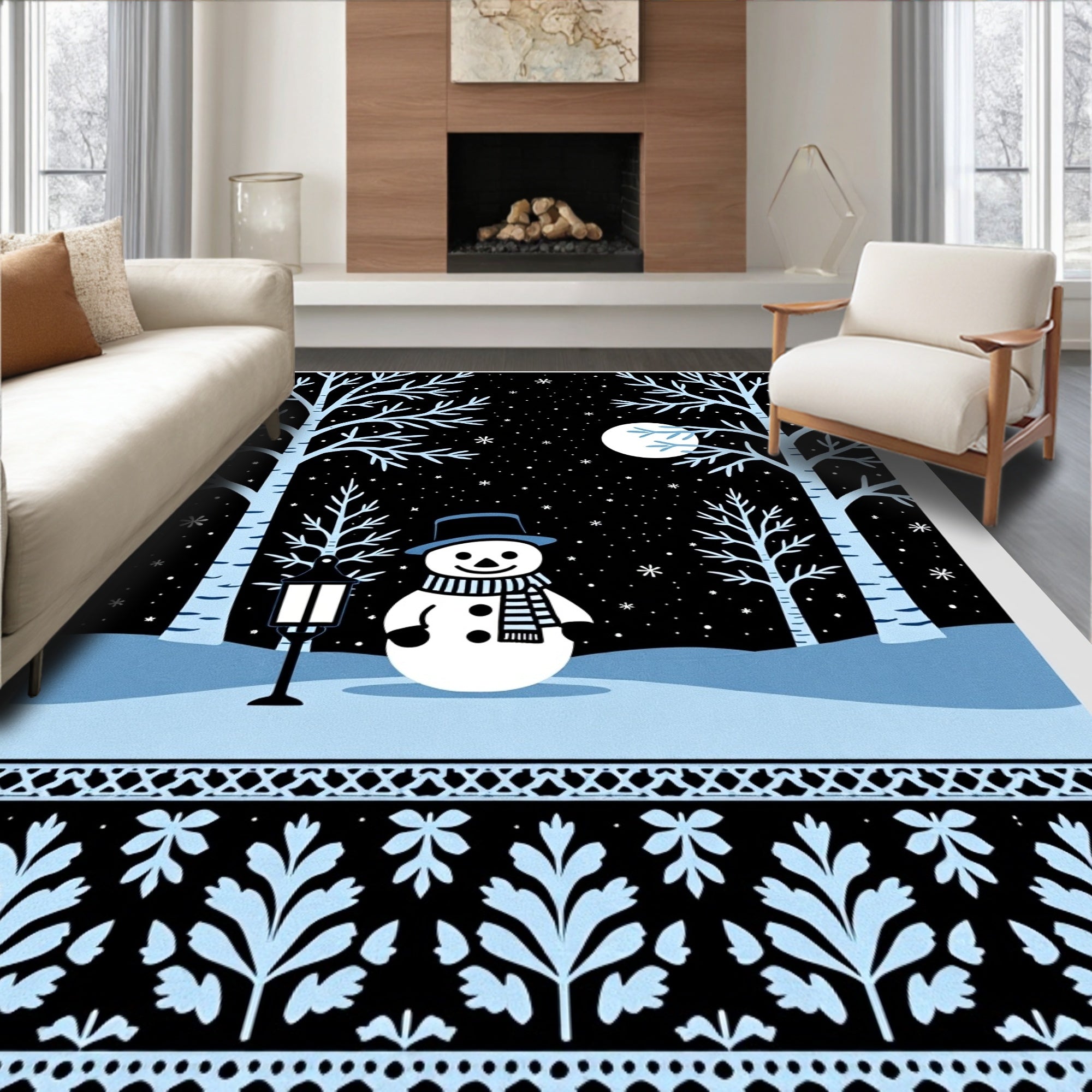 Winter Snowman Moonlit Forest Border Rug