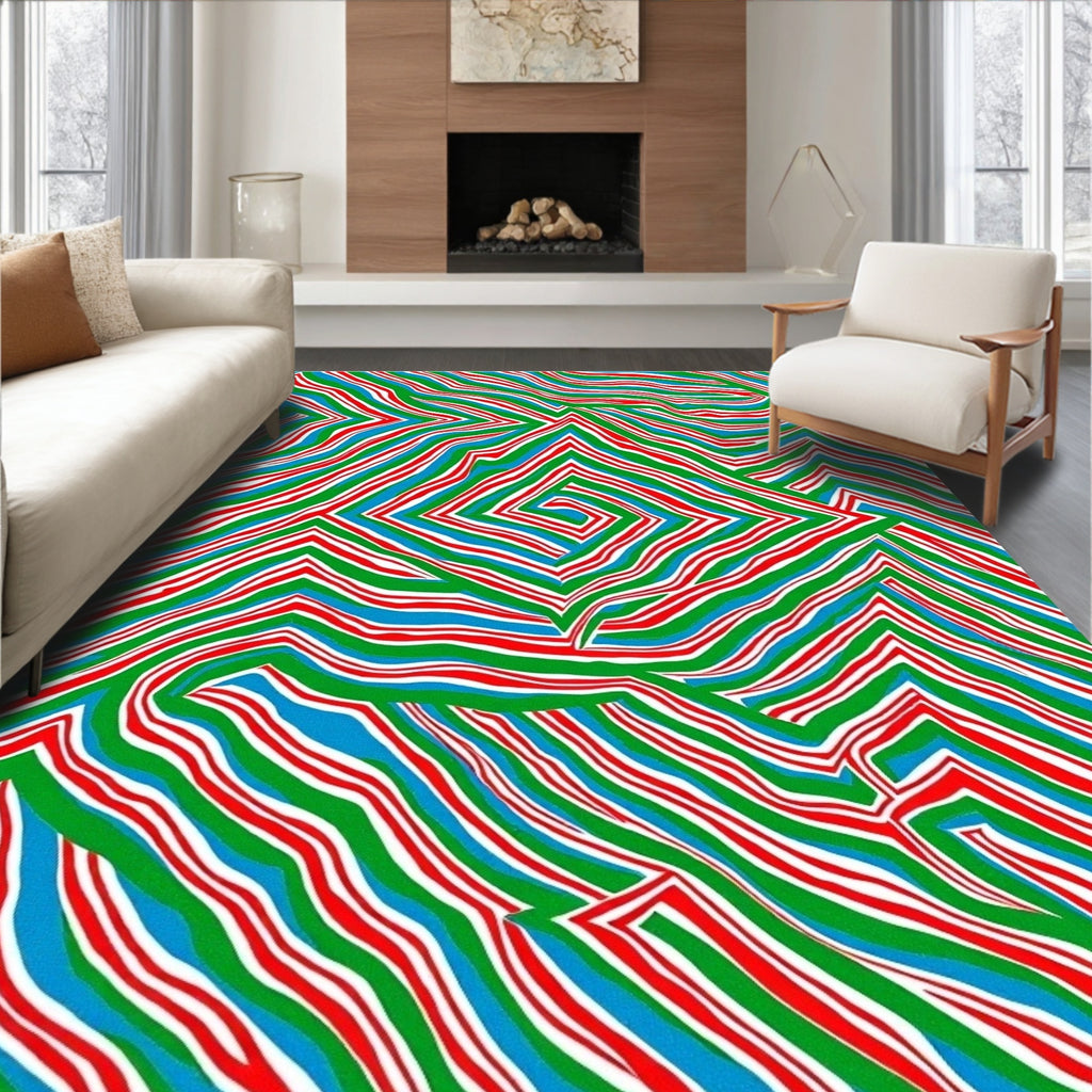Vibrant Red Blue Green Labyrinth Rug