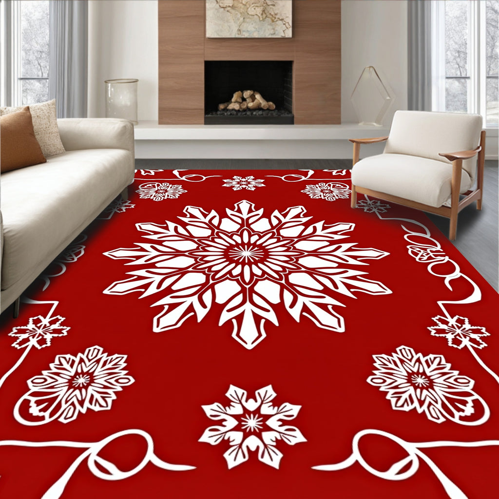 Holiday Red White Snowflake Burst Rug