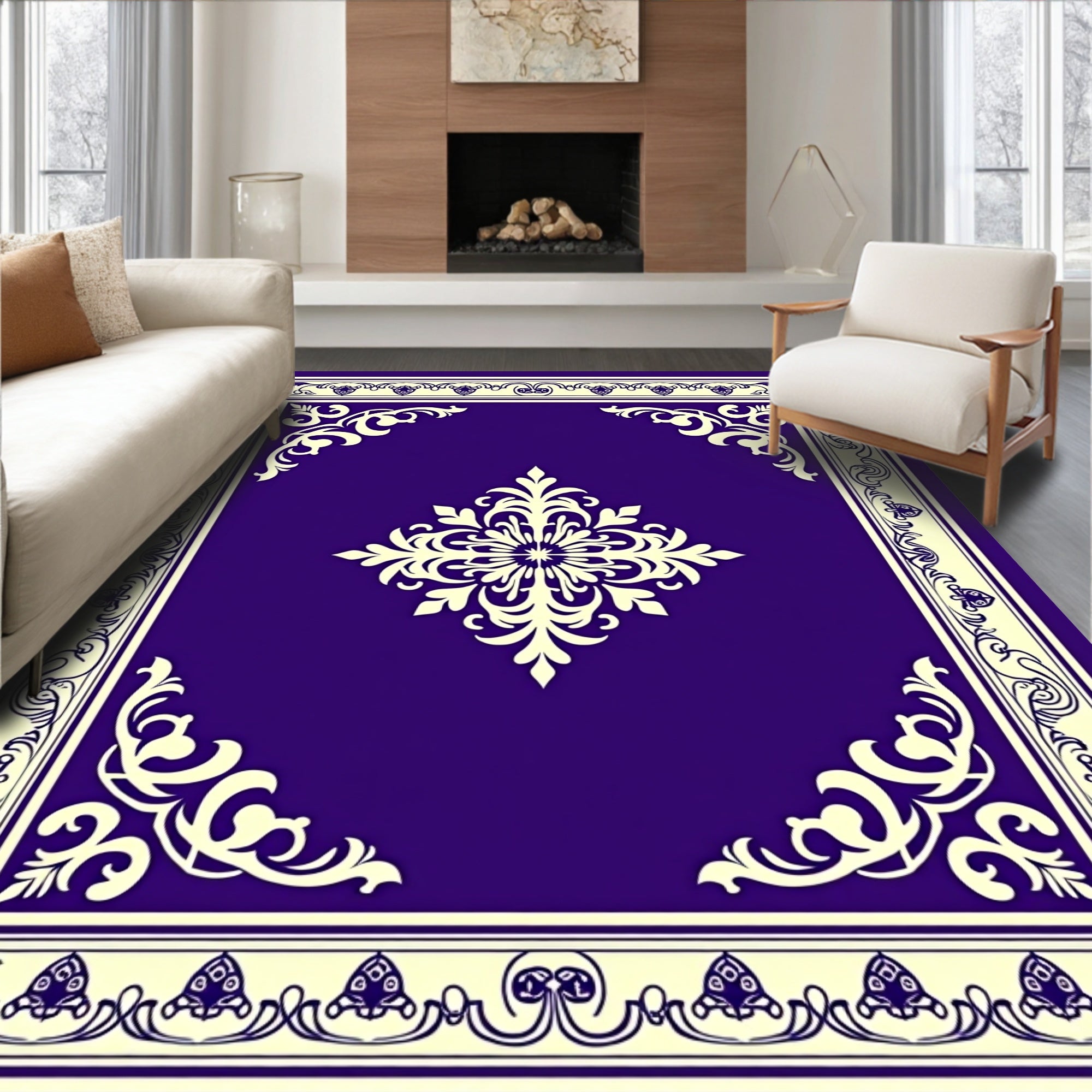 Deep Violet Floral Medallion Border Rug