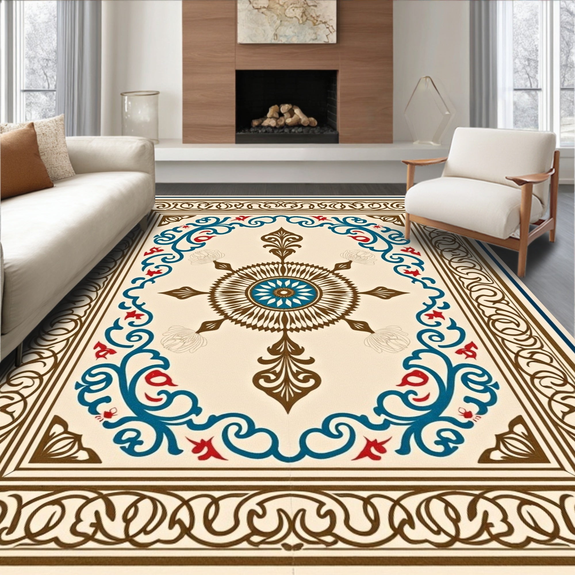 Cream Brown Blue Red Floral Medallion Rug