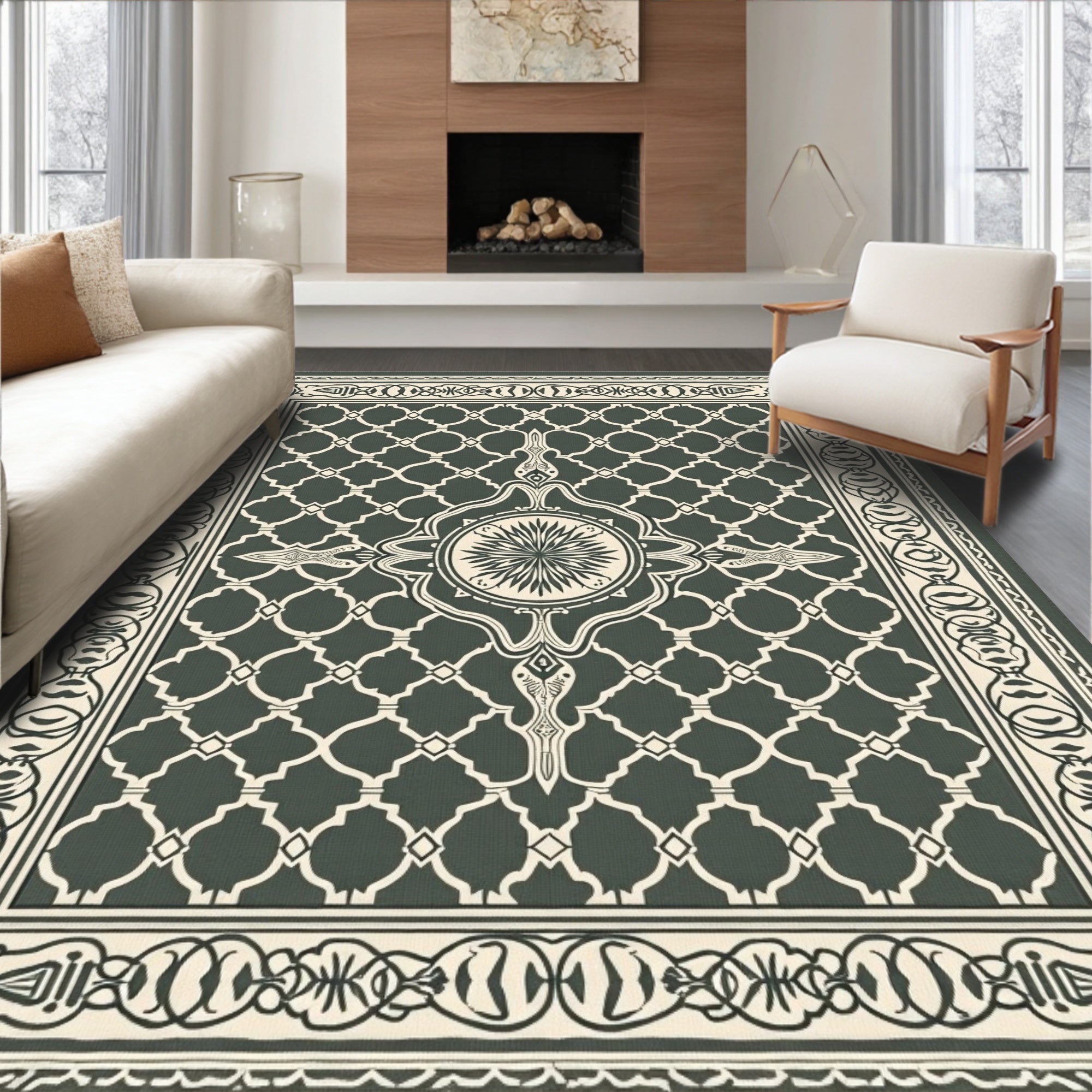 Deep Green Lattice Center Medallion Rug