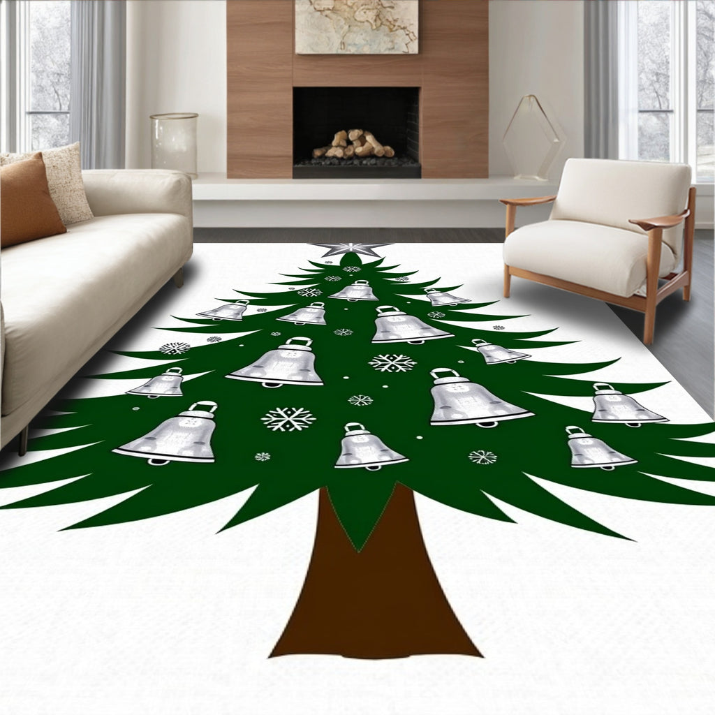 Festive Green Christmas Tree Bell Snowflakes Rug