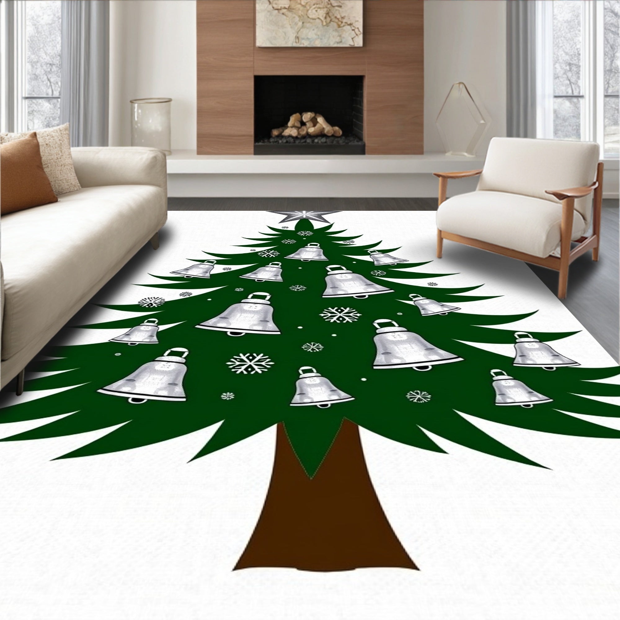 Festive Green Christmas Tree Bell Snowflakes Rug