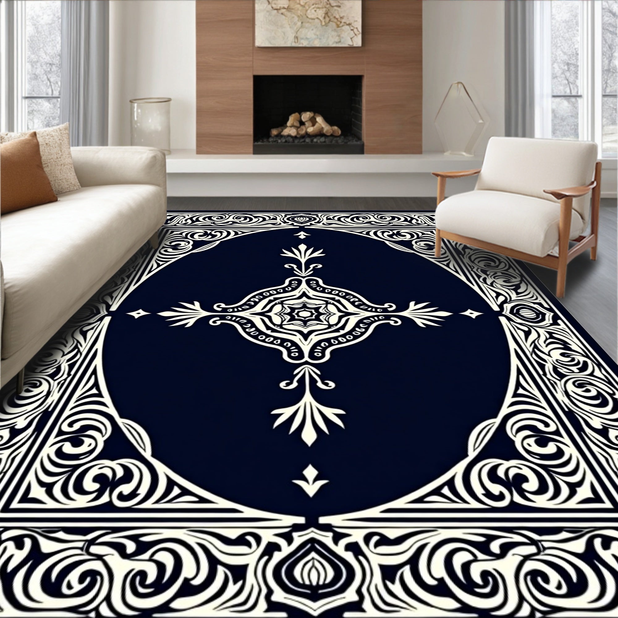 Navy Cream Scrollwork Oval Medallion Rug