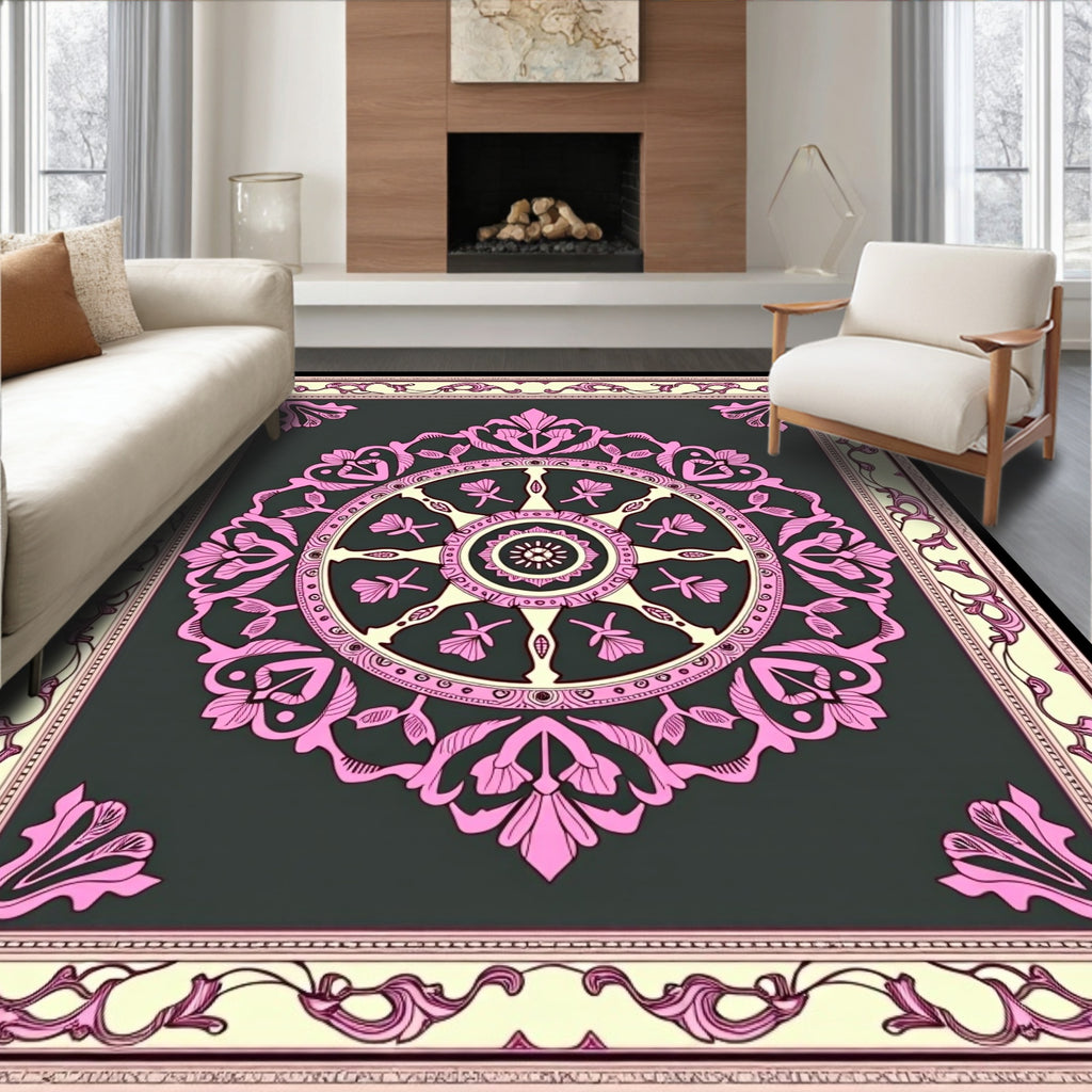 Ornate Pink Floral Medallion Charcoal Rug