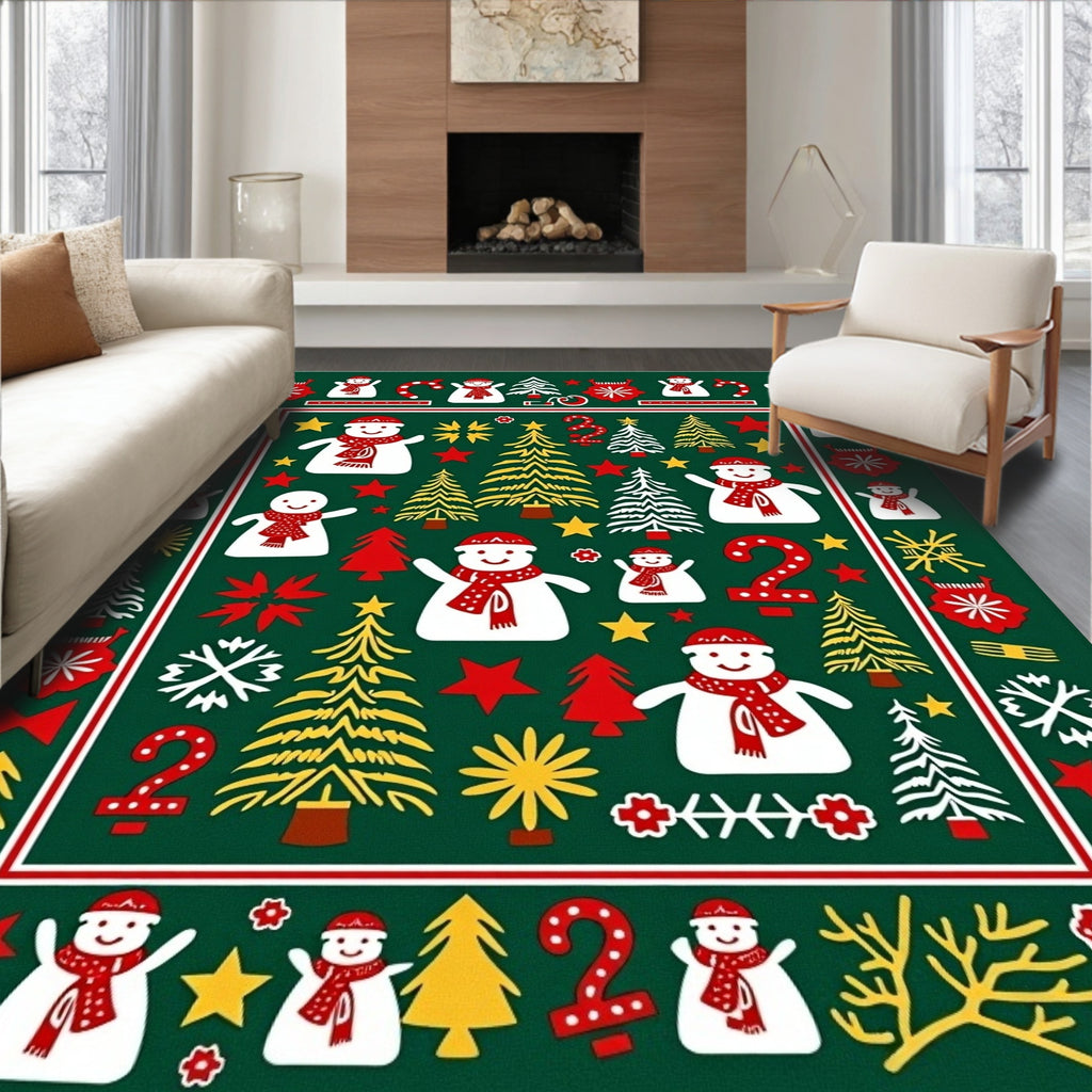 Joyful Snowman Christmas Trees Festive Rug