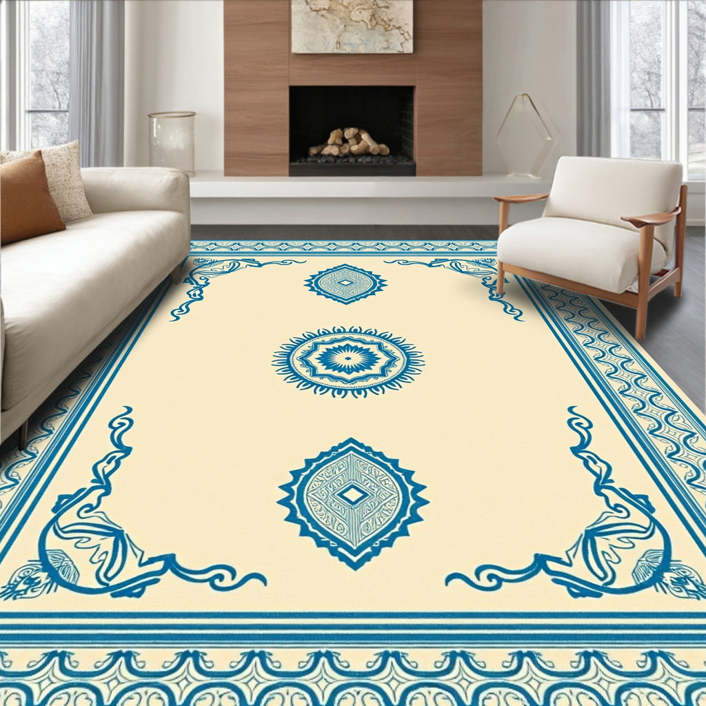 Blue Medallion Cream Border Rug
