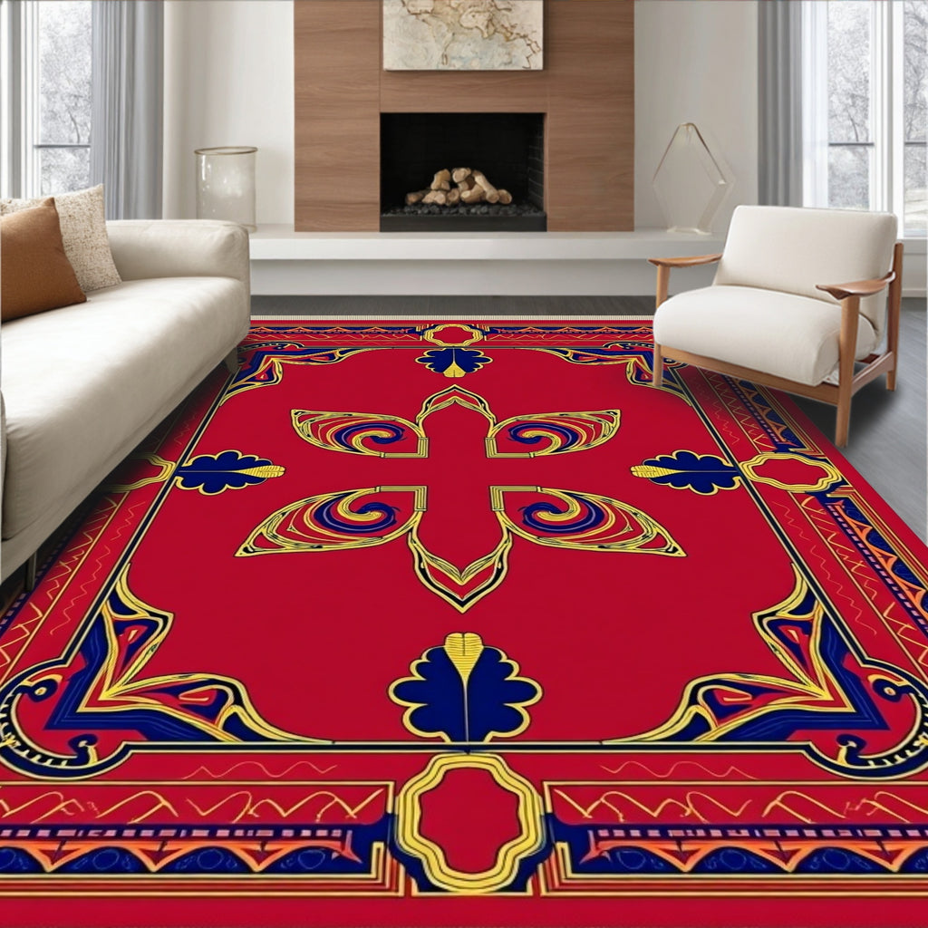 Bold Red Blue Golden Floral Frame Rug