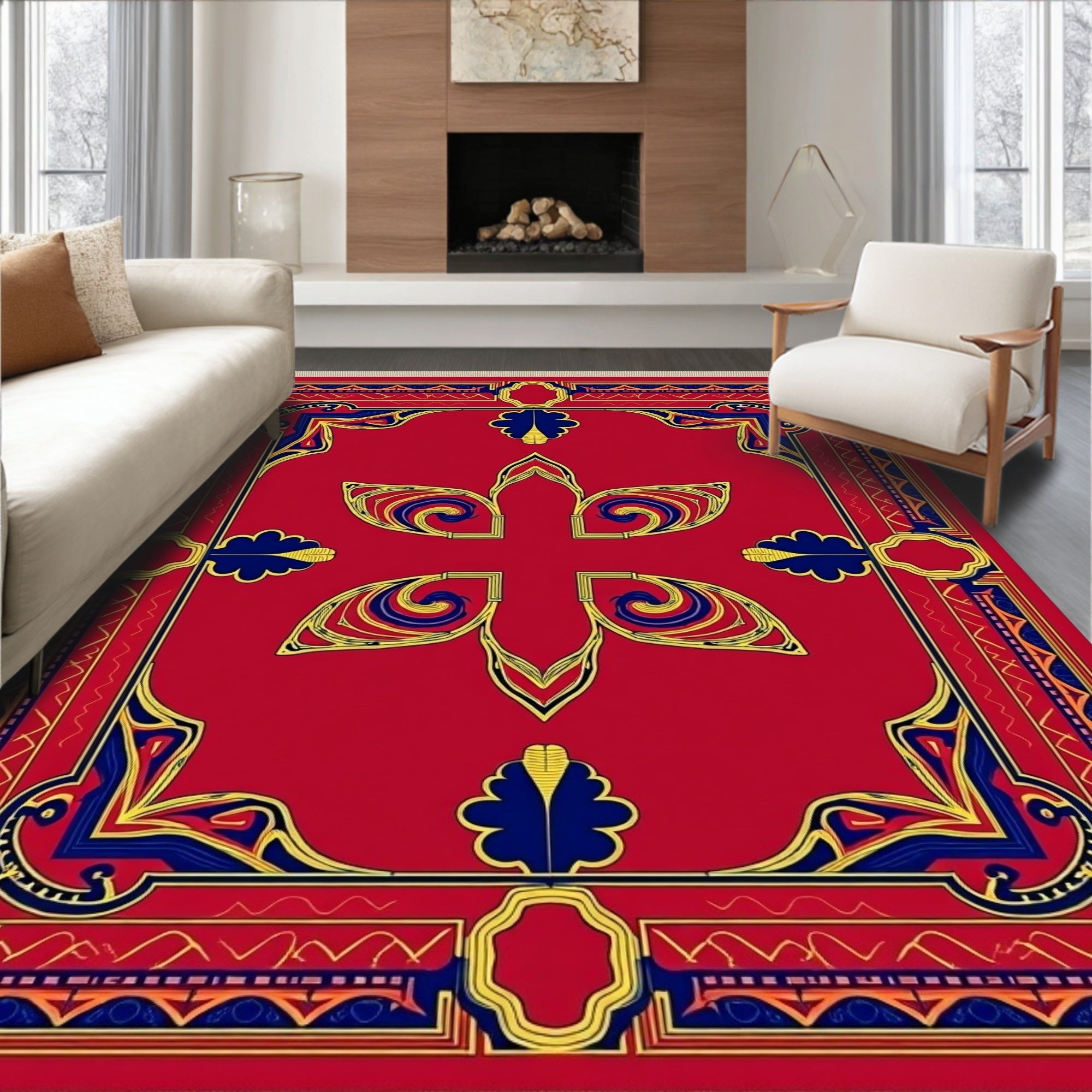 Bold Red Blue Golden Floral Frame Rug