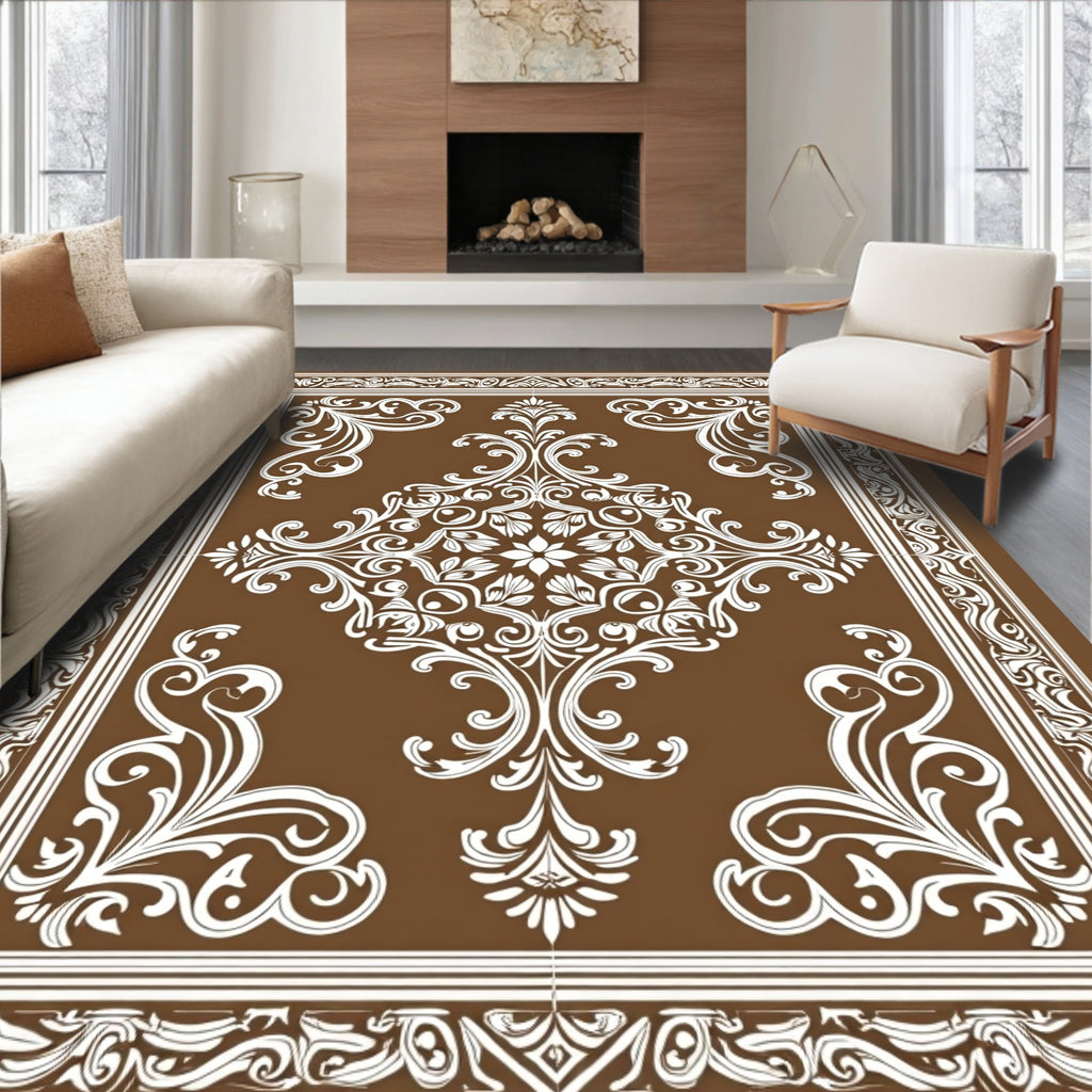 Brown White Filigree Damask Medallion Rug