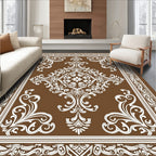 Brown White Filigree Damask Medallion Rug