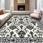 Black Ornamental Floral Cream Field Rug
