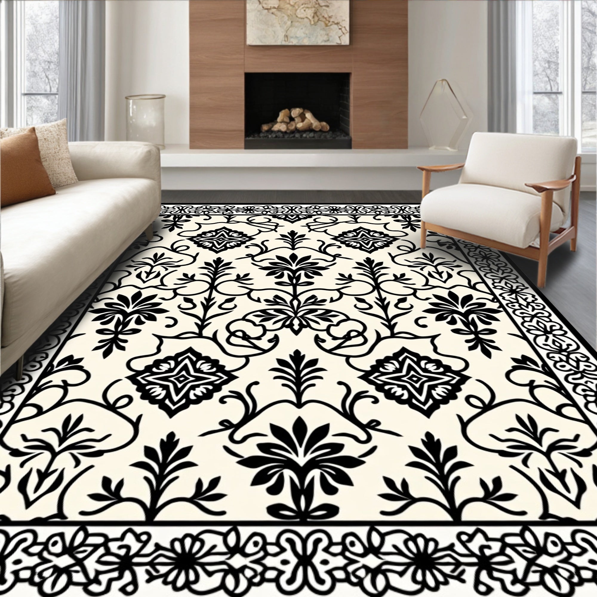 Black Ornamental Floral Cream Field Rug