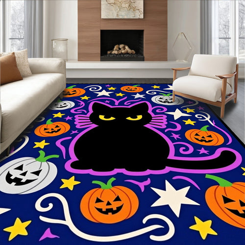 Black Cat Halloween Pumpkins Stars Rug