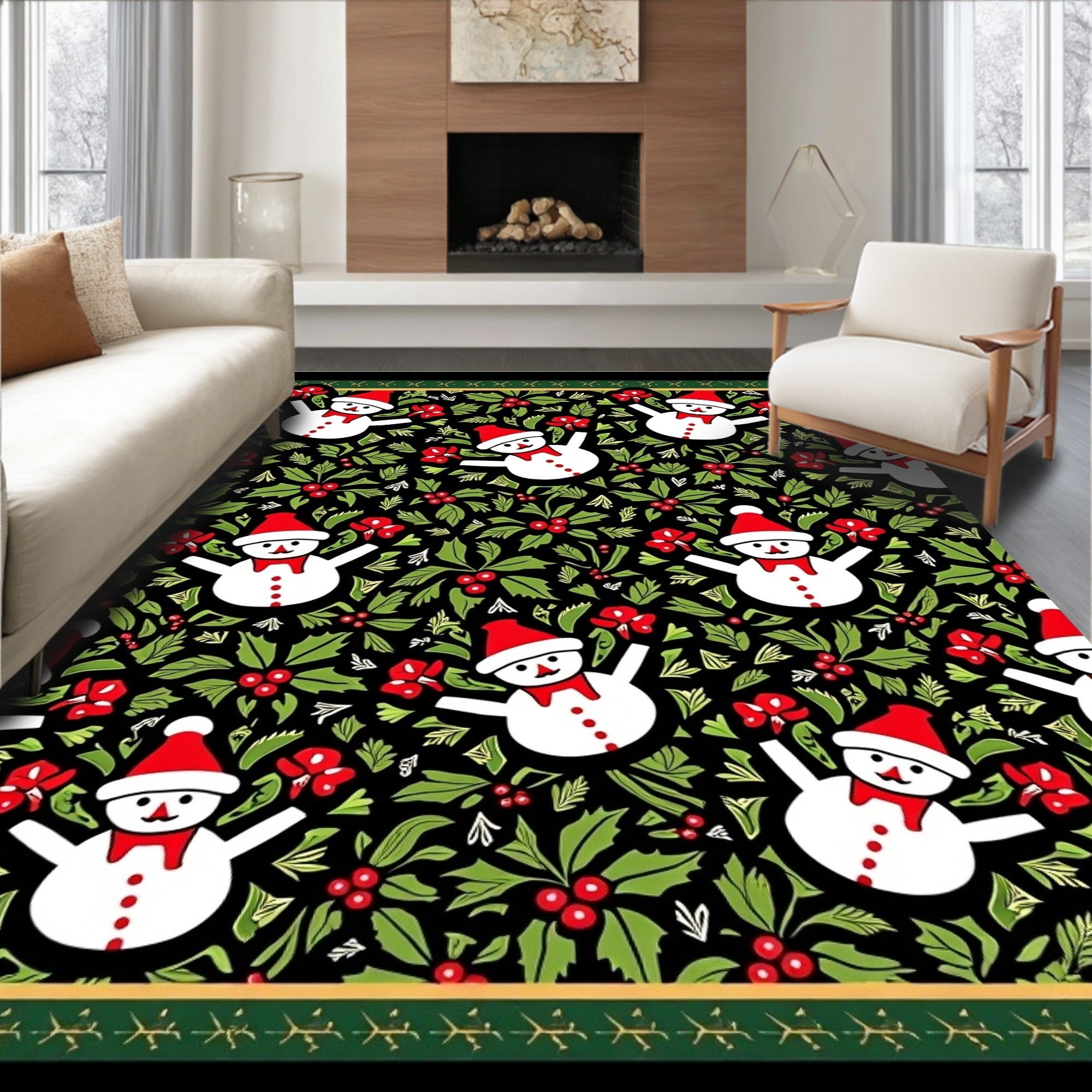 Charming Snowman Holly Berry Holiday Rug
