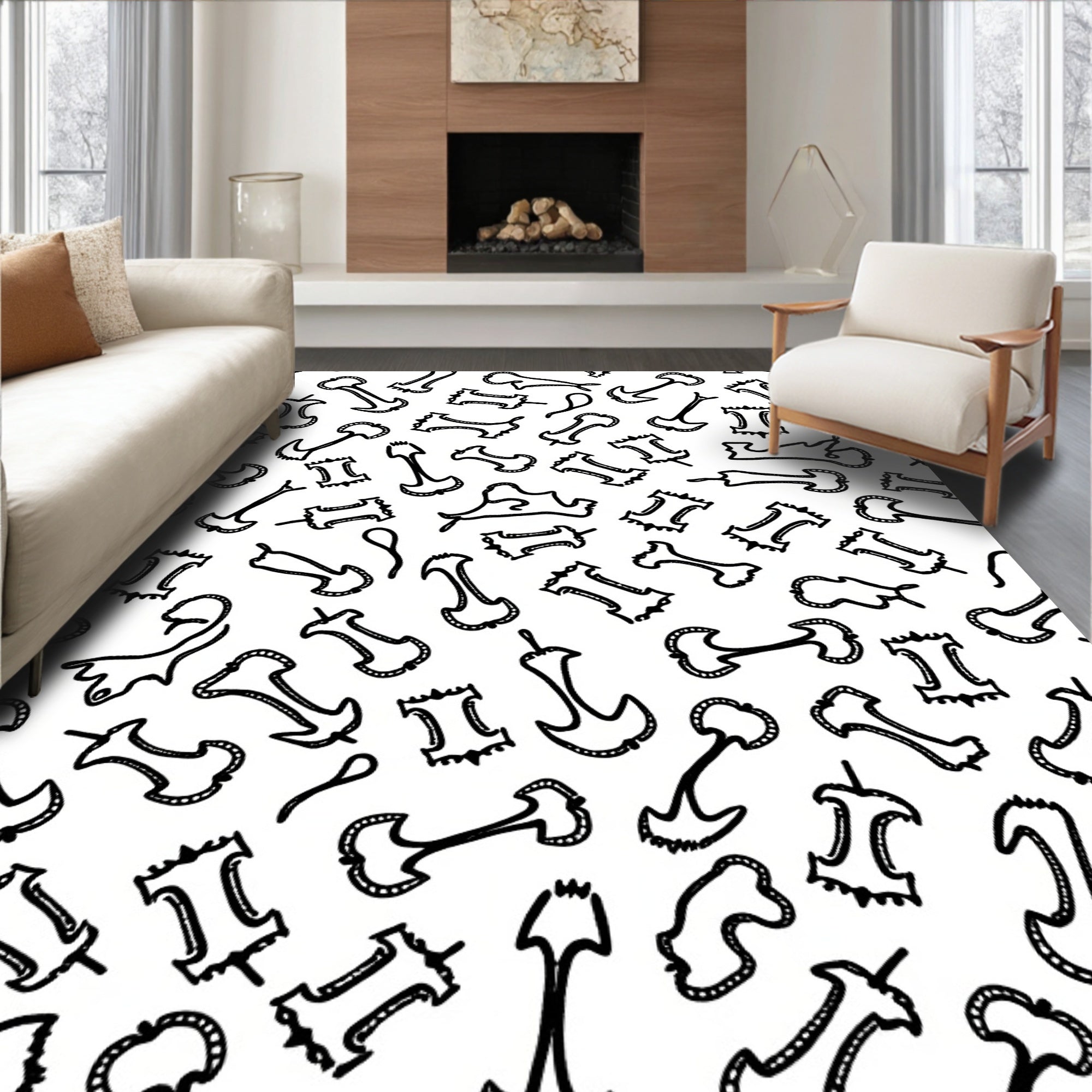 Black White Abstract Apple Core Shapes Rug