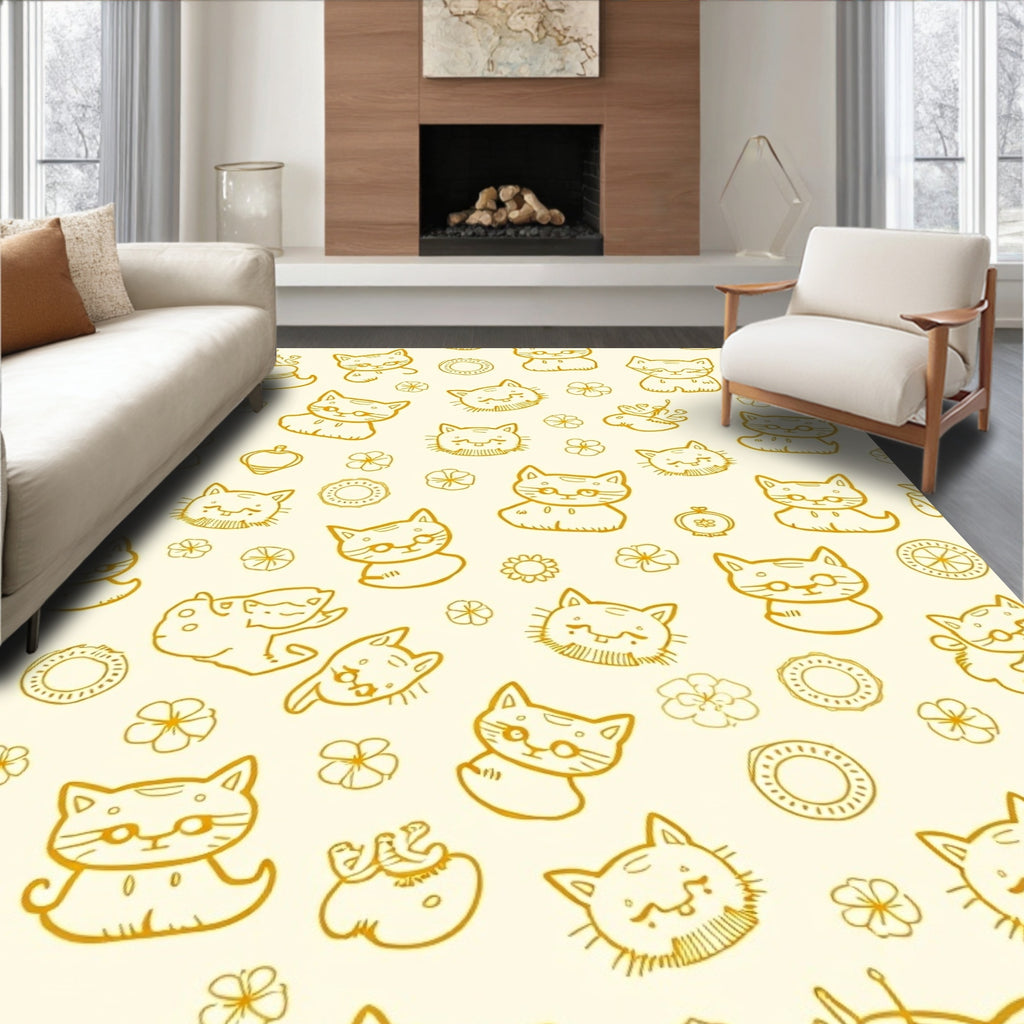 Golden Whimsical Cat Flower Collection Rug