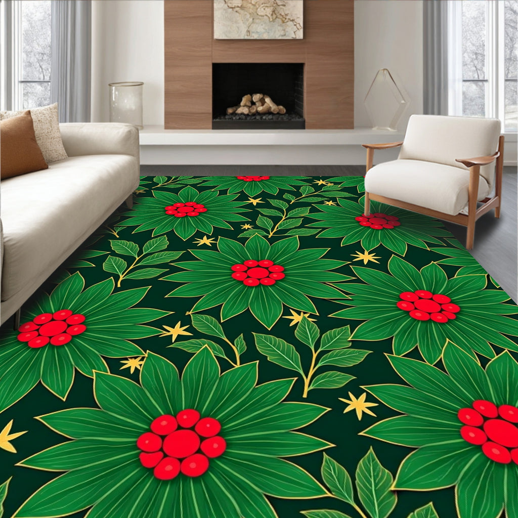 Emerald Green Poinsettia Berry Branches Rug
