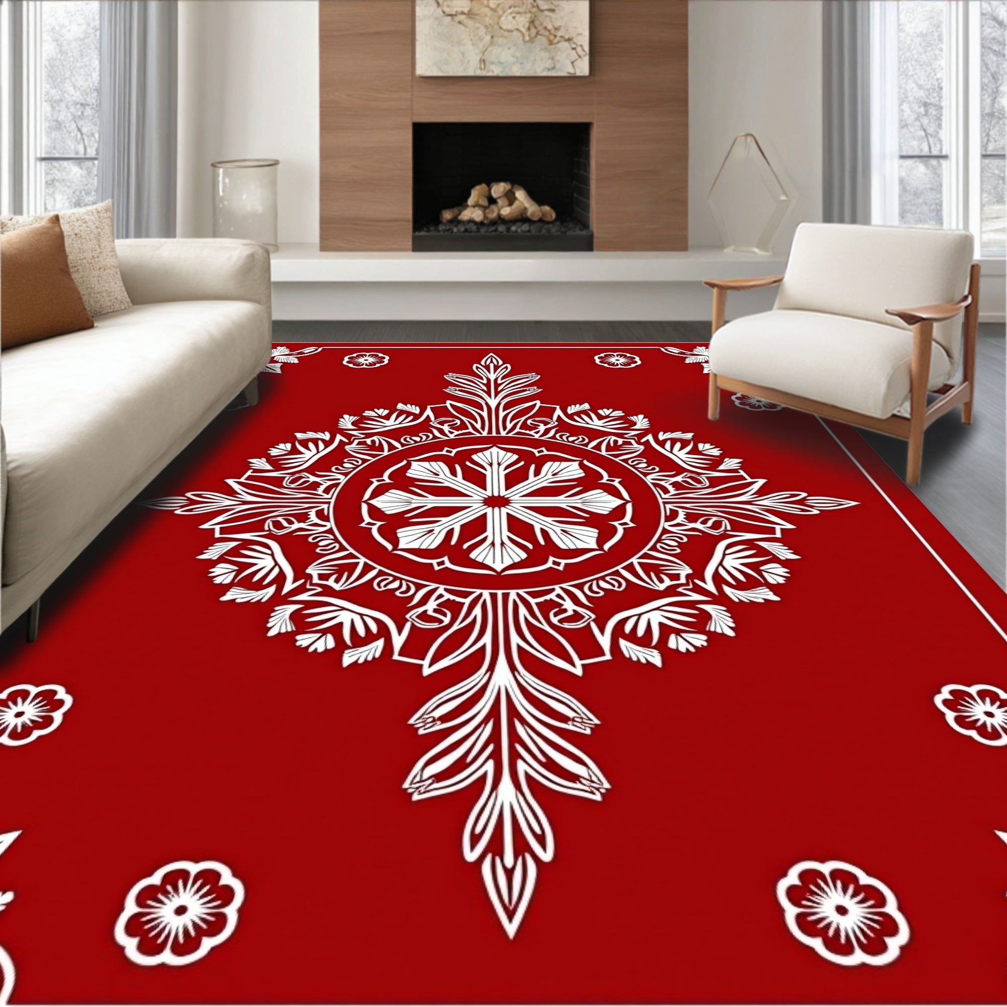Crimson White Mandala Floral Layout Rug