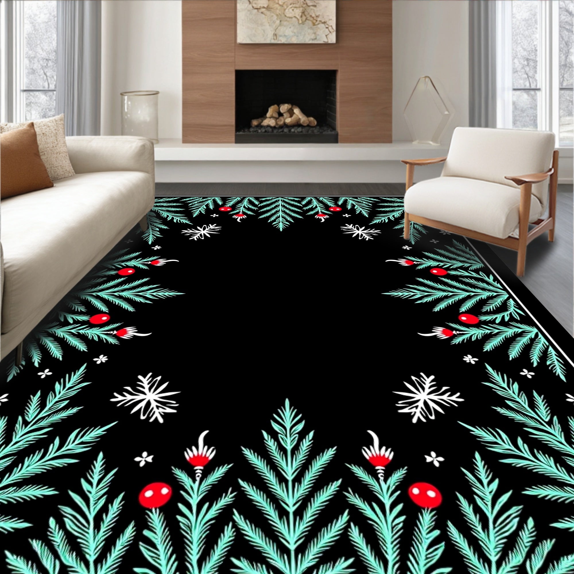 Festive Pine Sprig Red Berry Accents Rug