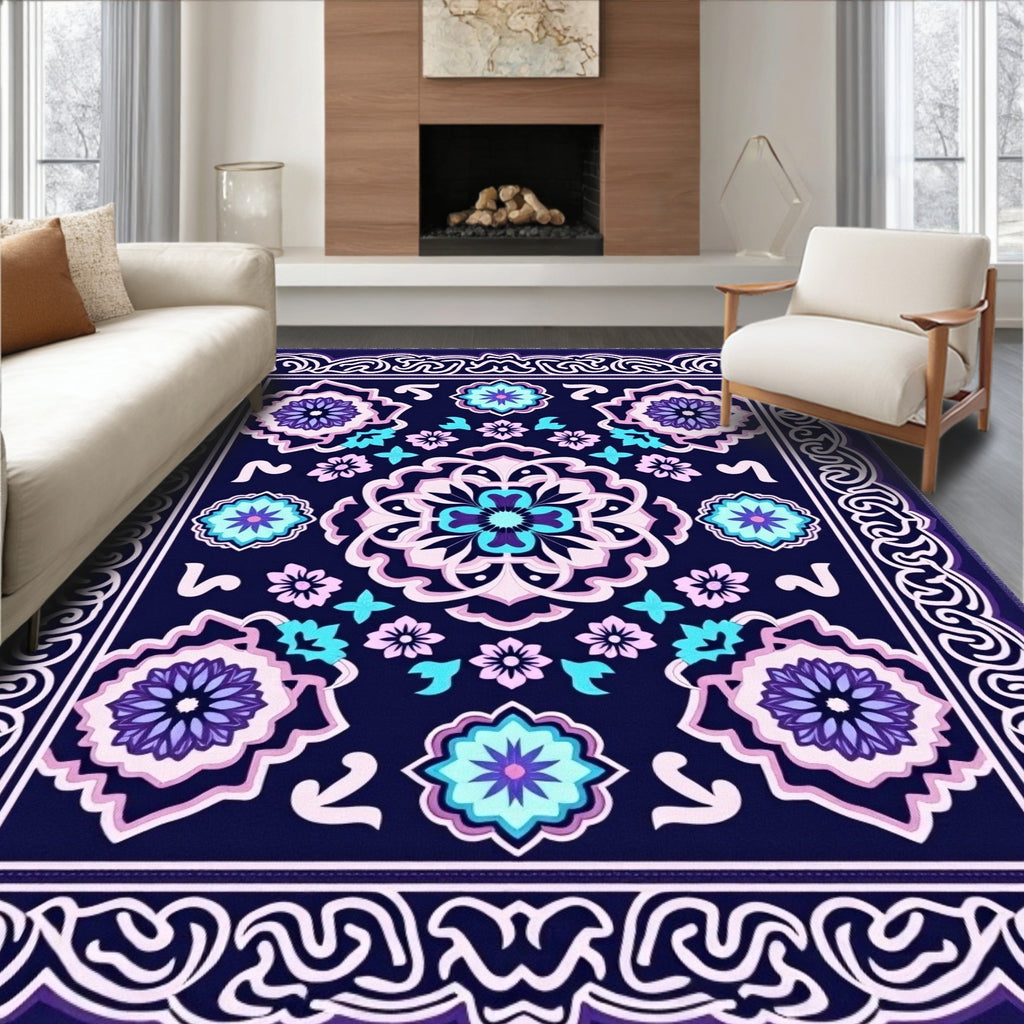 Navy Blue Floral Medallion Bright Color Rug