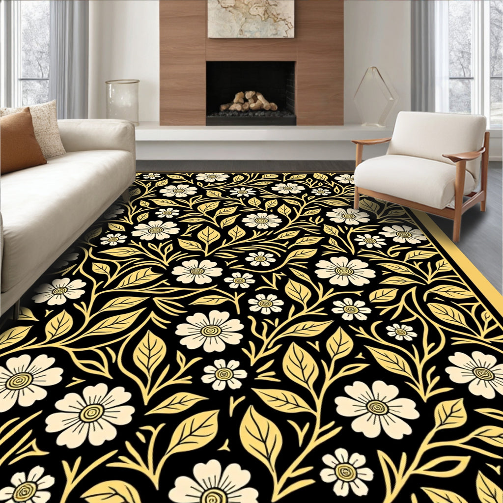 Cream and Gold Floral Vine Art Deco Rug