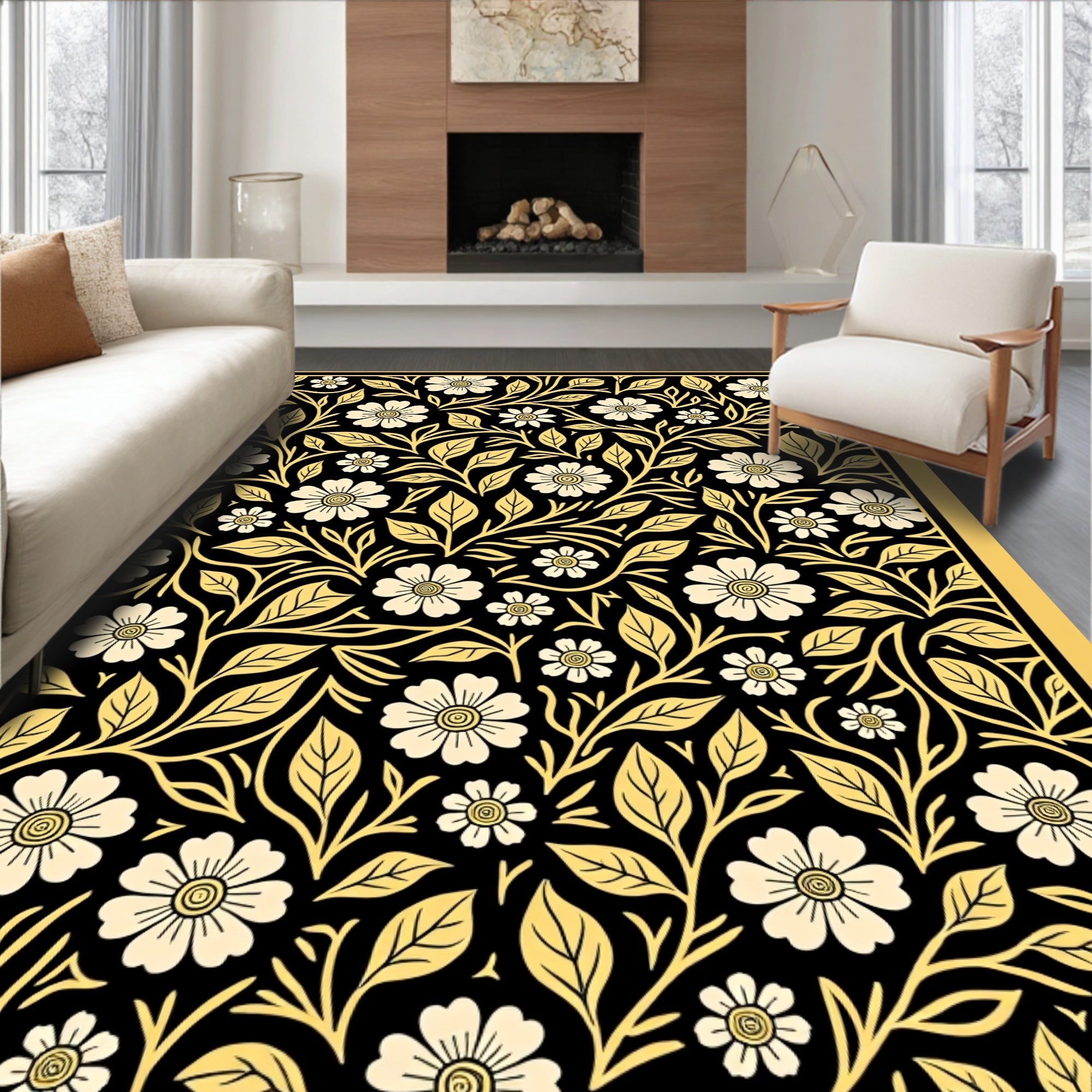 Cream and Gold Floral Vine Art Deco Rug