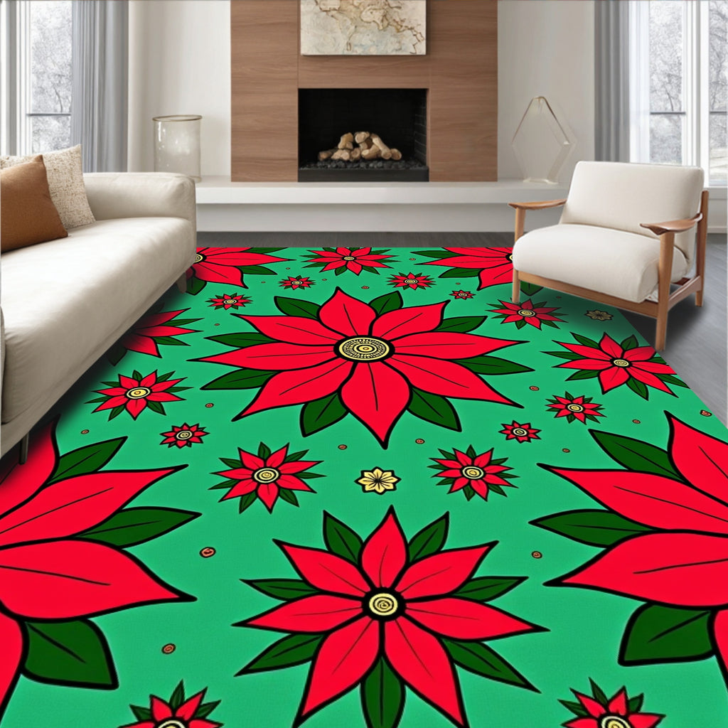 Large Red Poinsettia Green Floral Rug