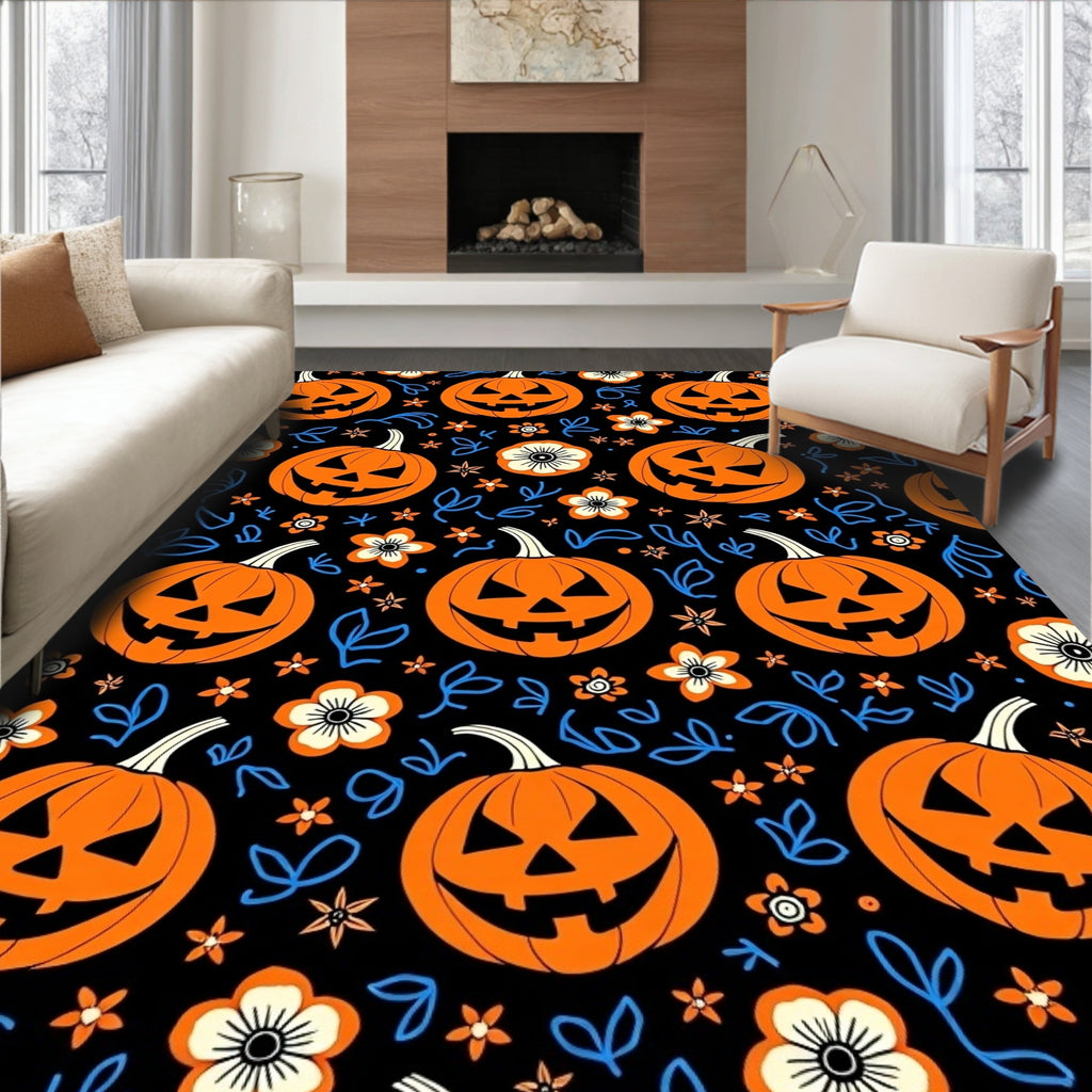 Orange Pumpkin Black Floral Splatter Rug