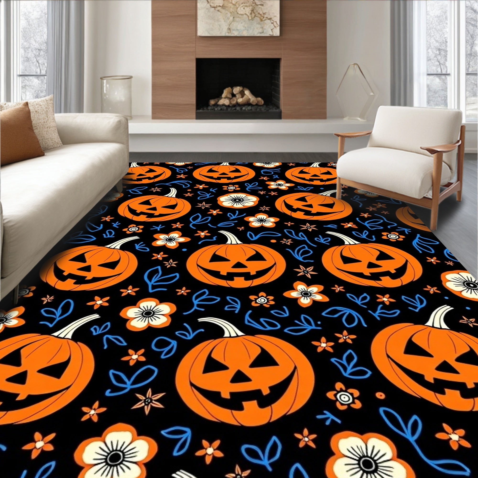 Orange Pumpkin Black Floral Splatter Rug