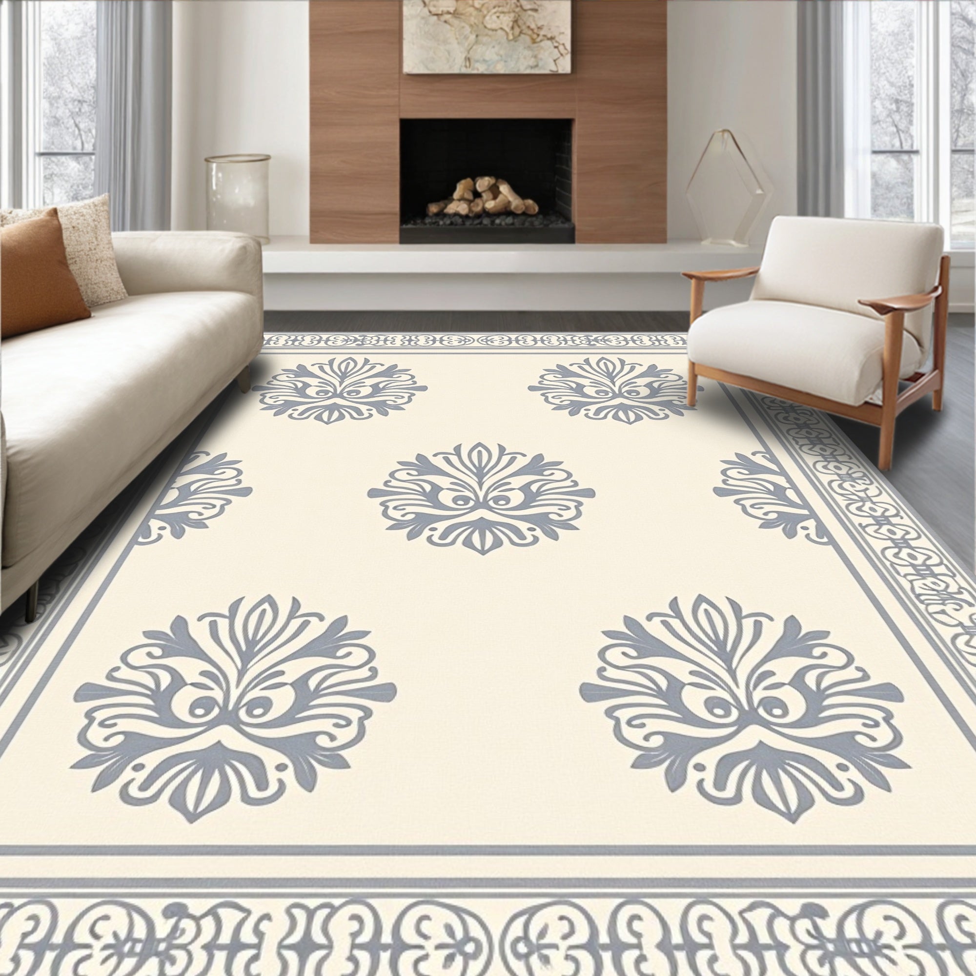 Pale Gray Floral Medallion Border Rug
