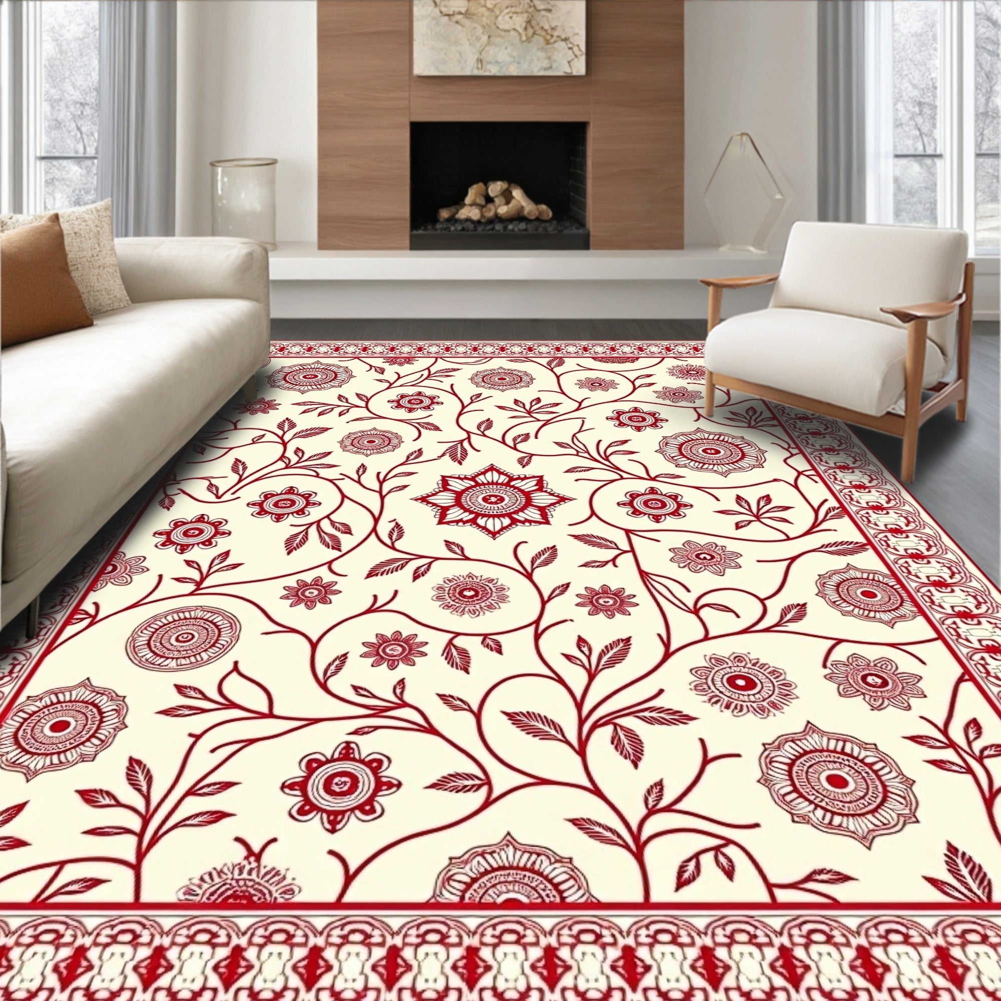 Vintage Crimson Floral Vine Scroll Rug