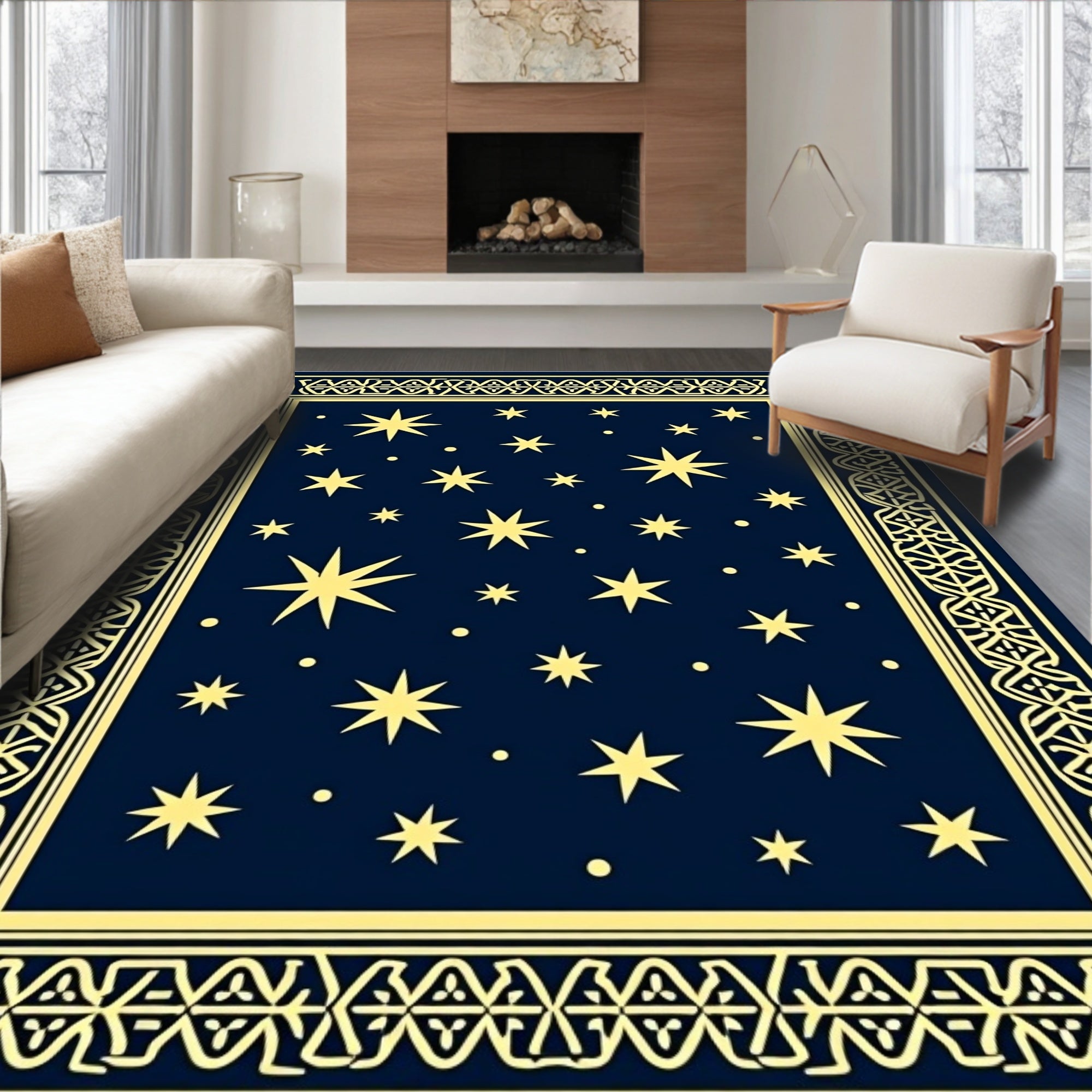 Navy Yellow Celestial Star Border Rug