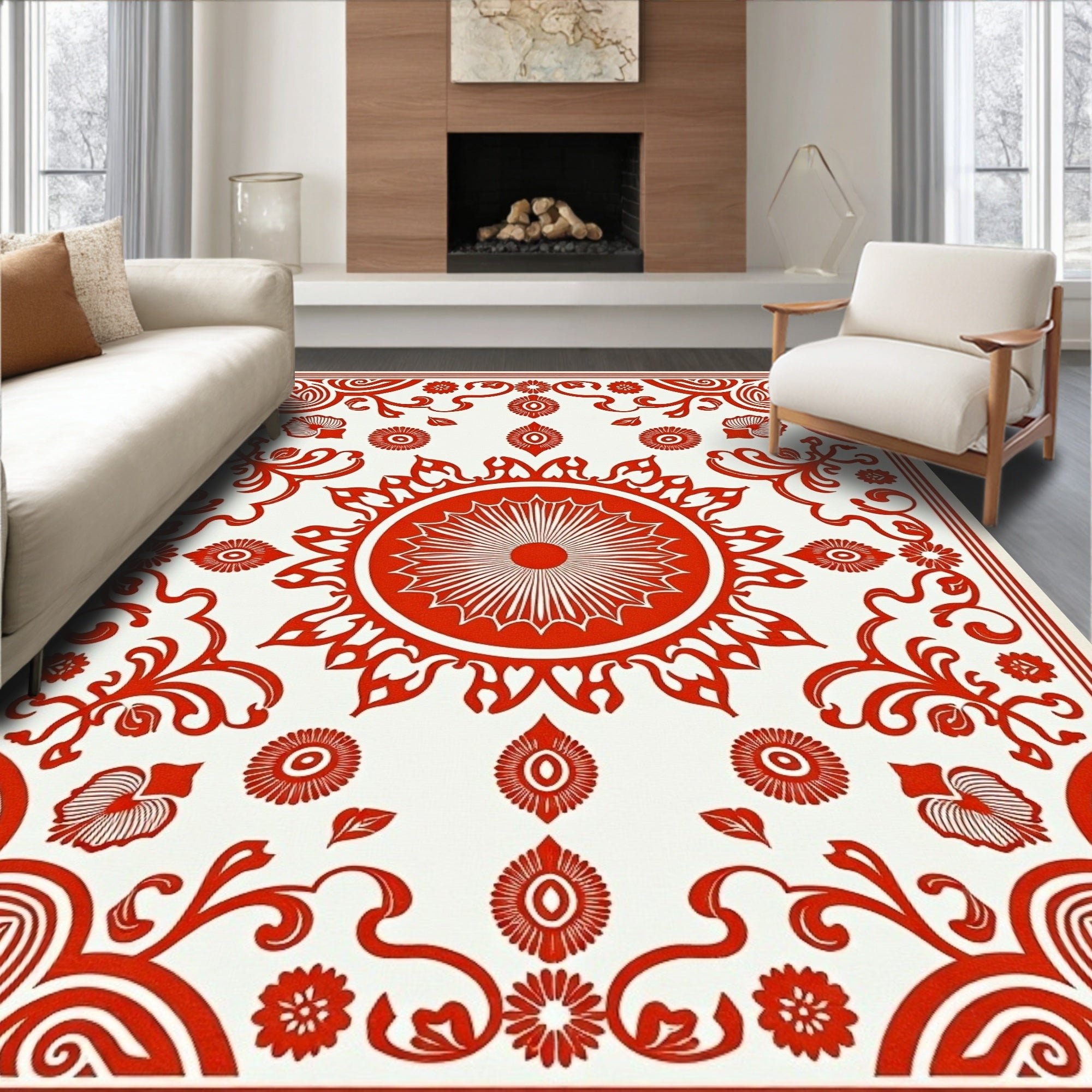 Crimson Sunburst Floral Medallion Rug