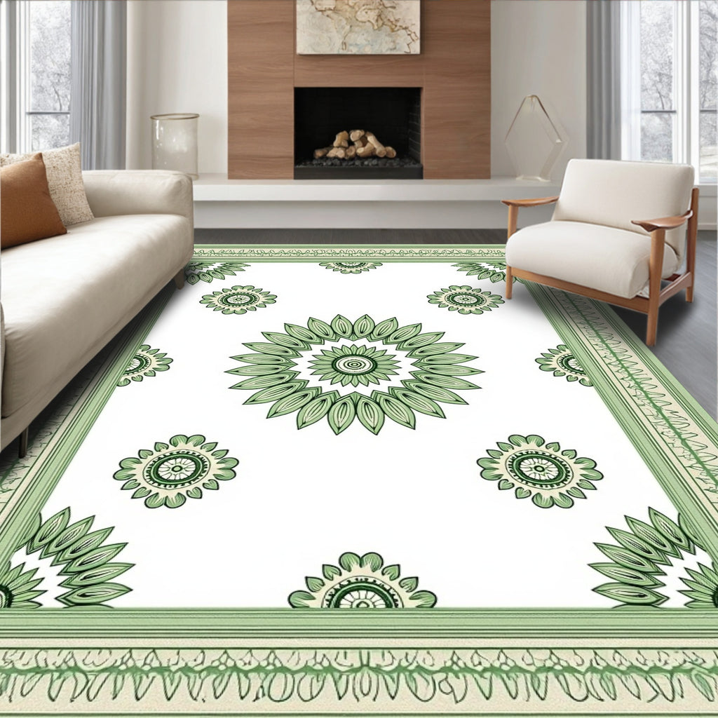 Pastel Green Ornate Bloom Border Rug