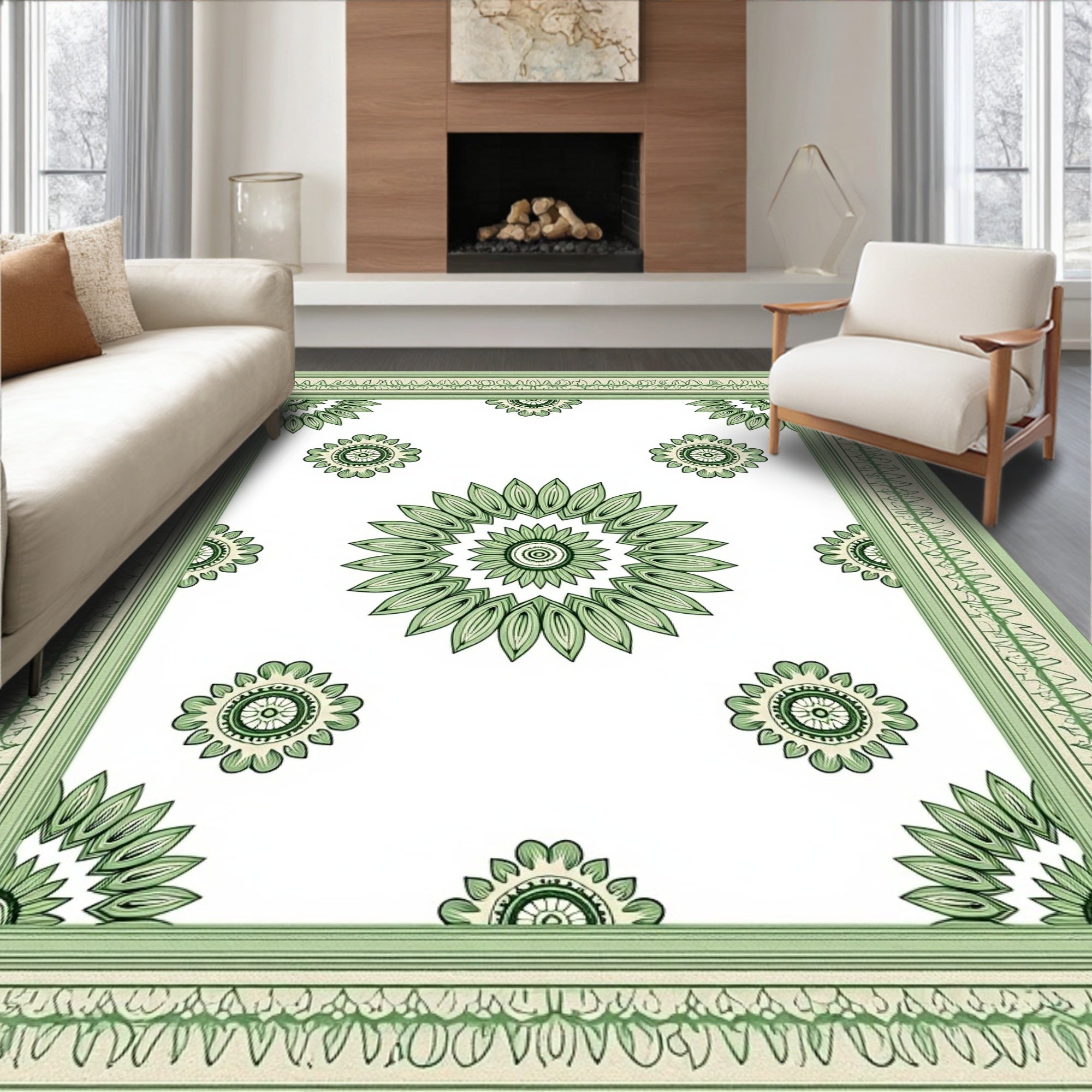 Pastel Green Ornate Bloom Border Rug