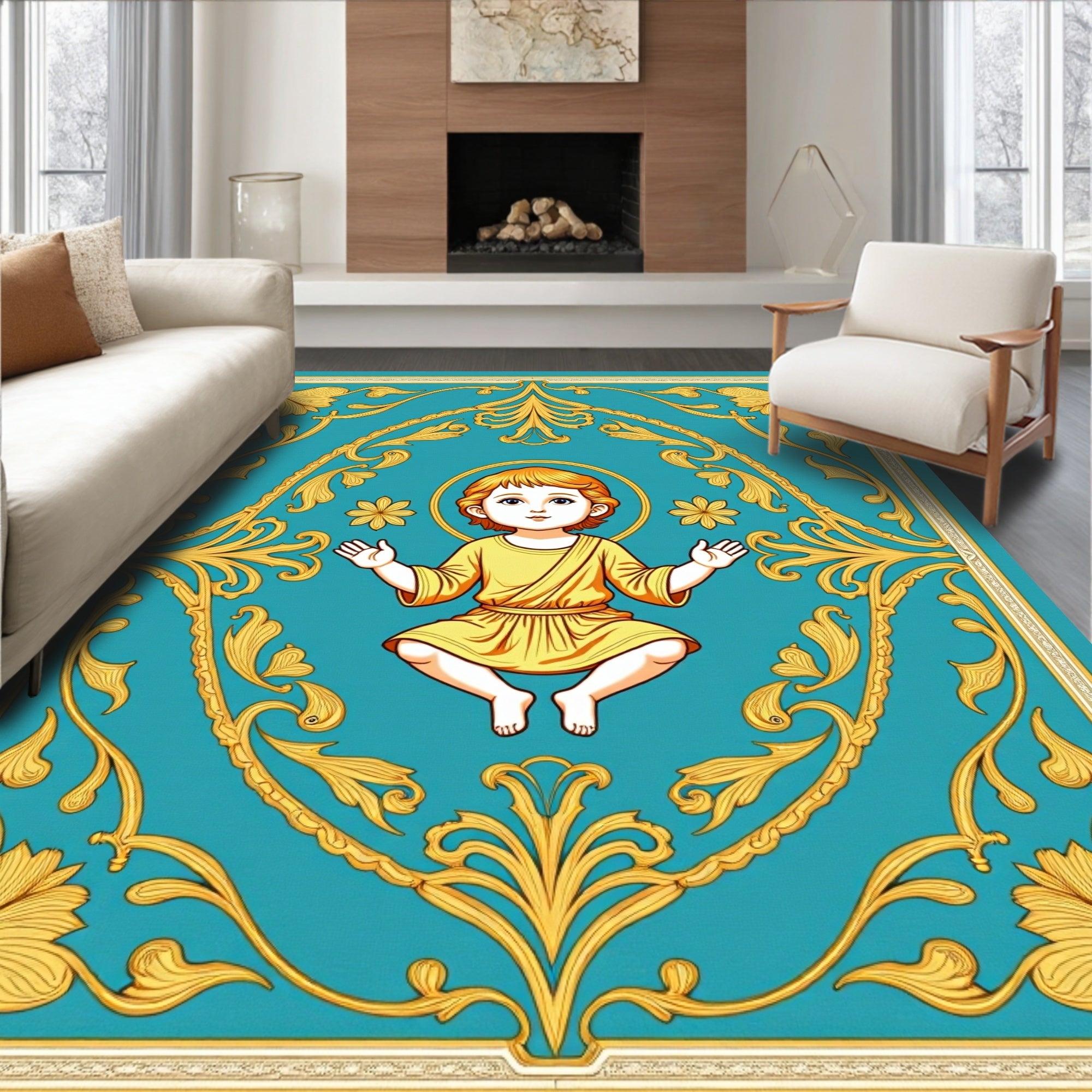 Golden Child Turquoise Floral Frame Rug