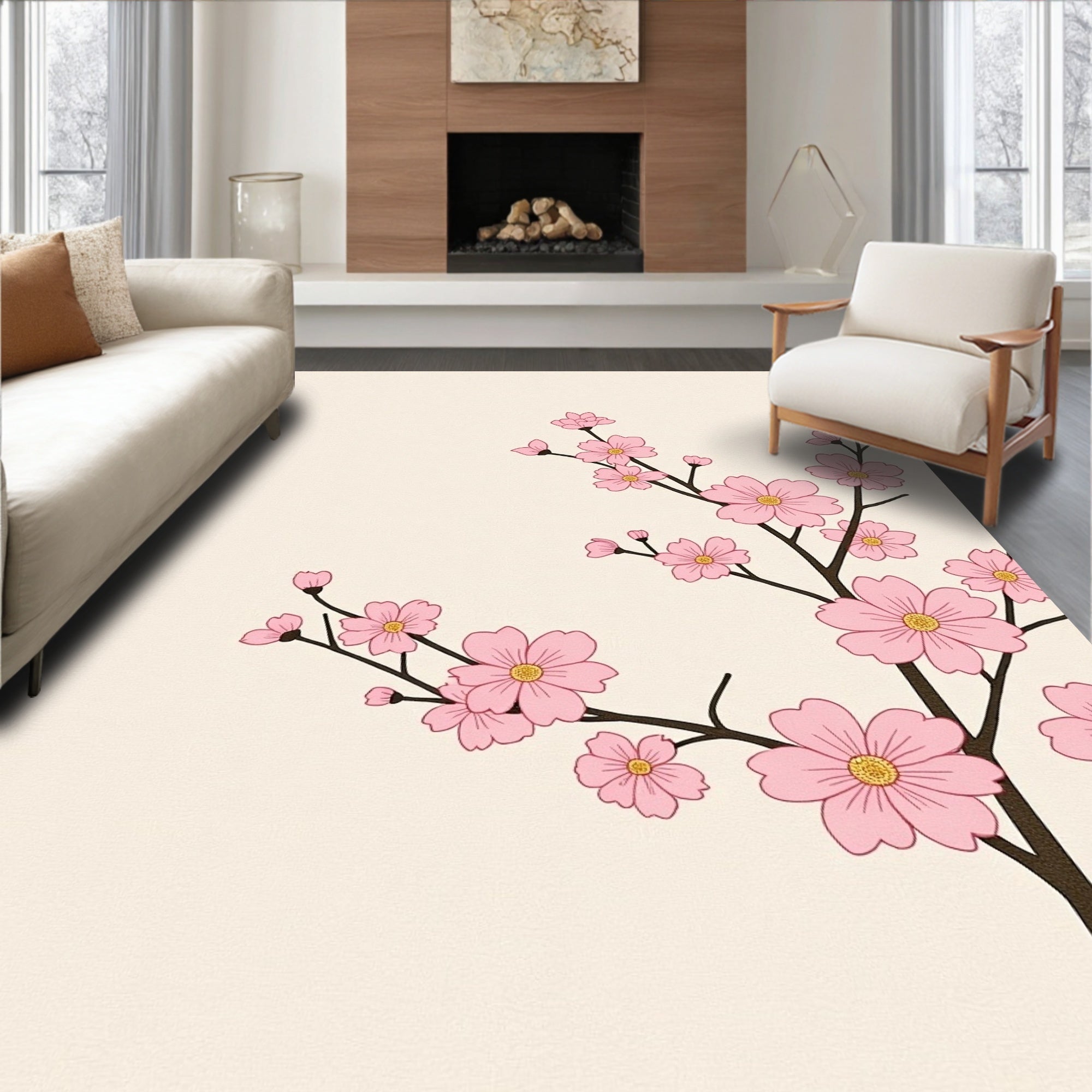 Pink Floral Branches on Cream Background Rug