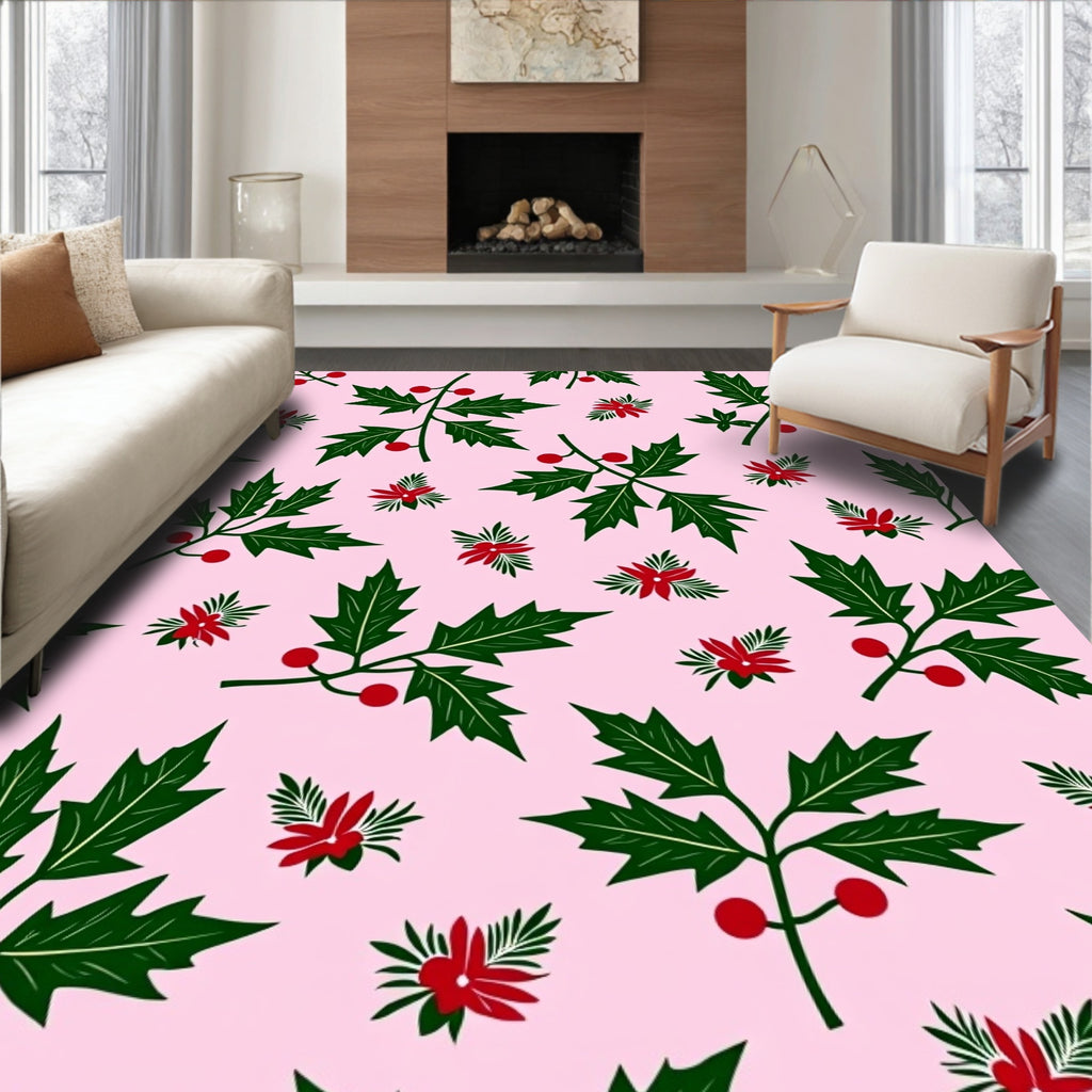 Pink Holly Berries Poinsettia Garland Rug