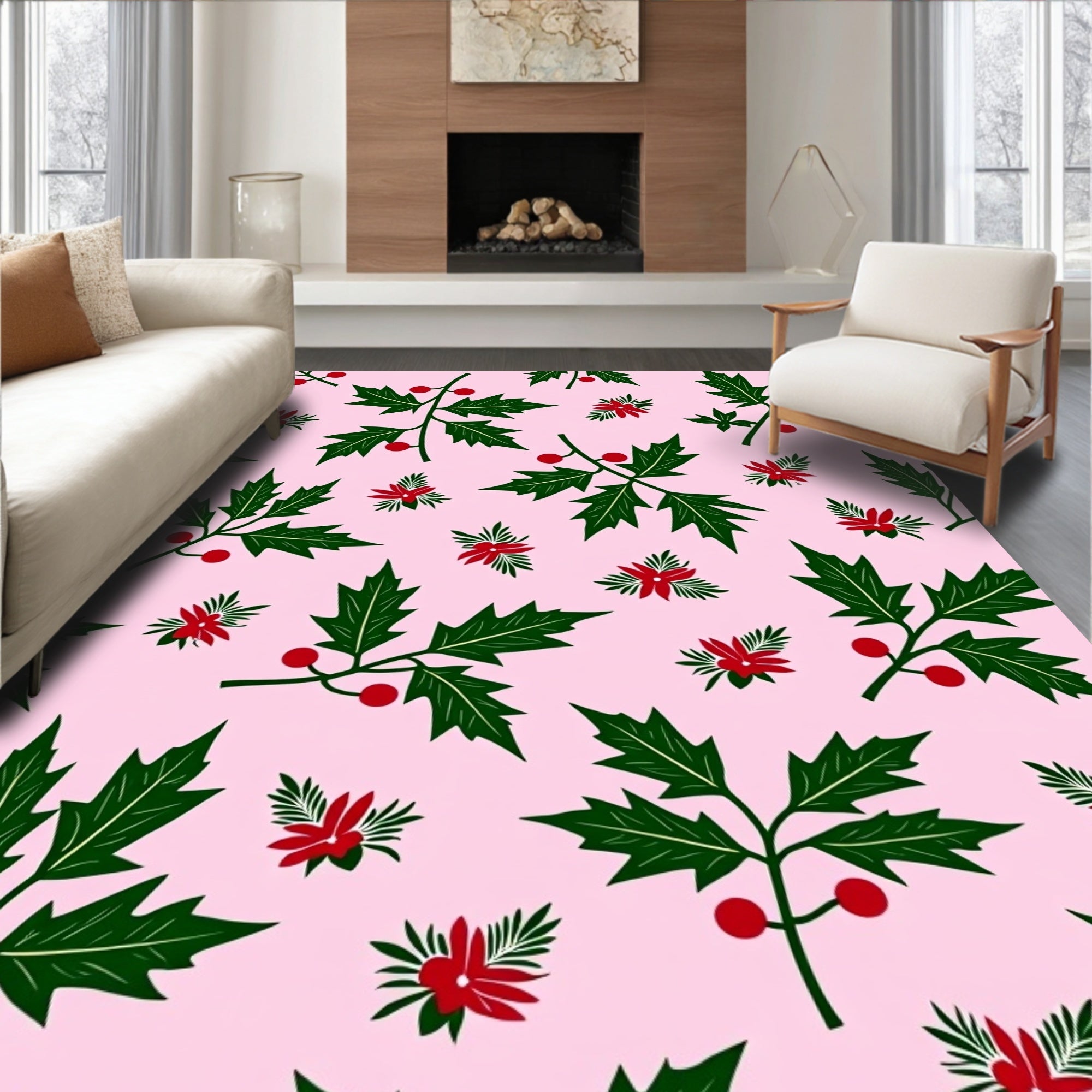 Pink Holly Berries Poinsettia Garland Rug