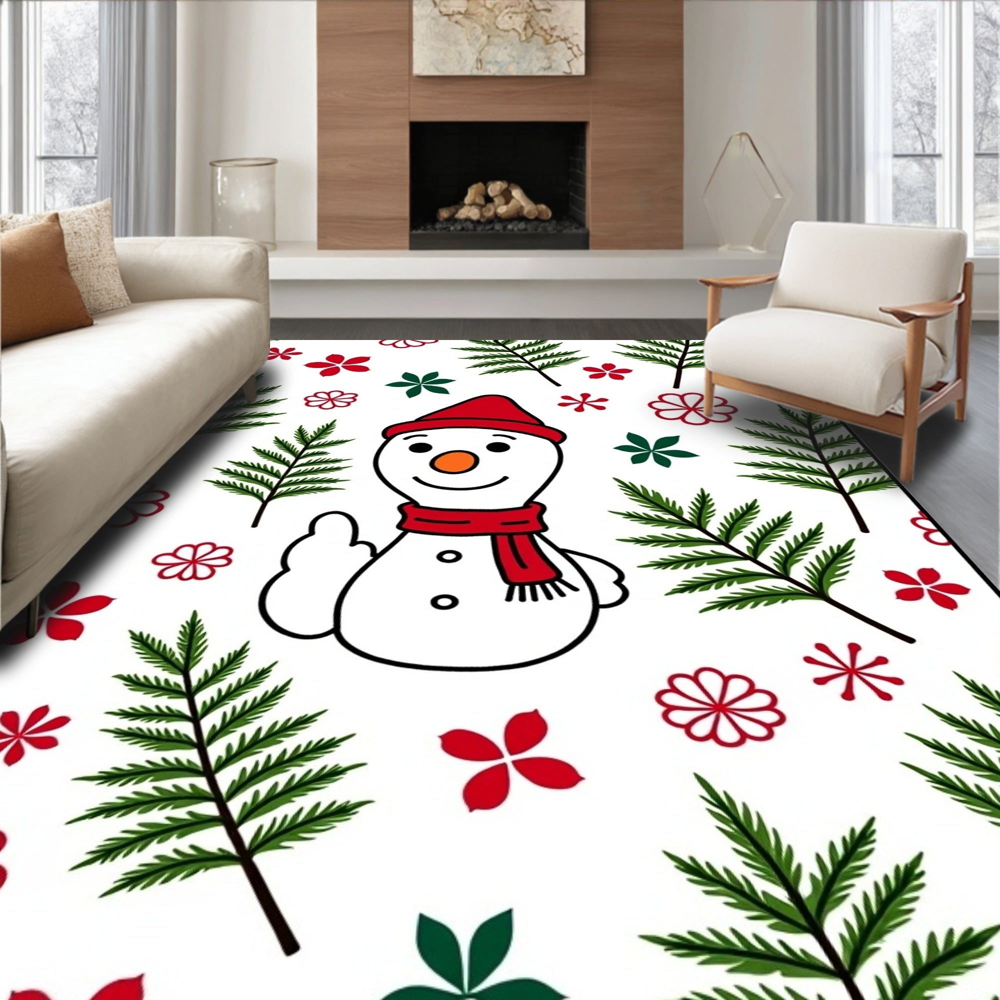 Christmas Snowman Red Green Ferns Rug