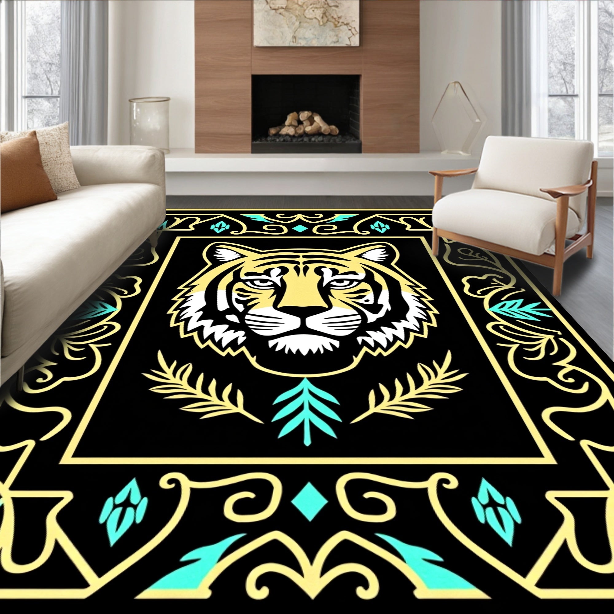 Bold Yellow Tiger Tribal Frame Rug