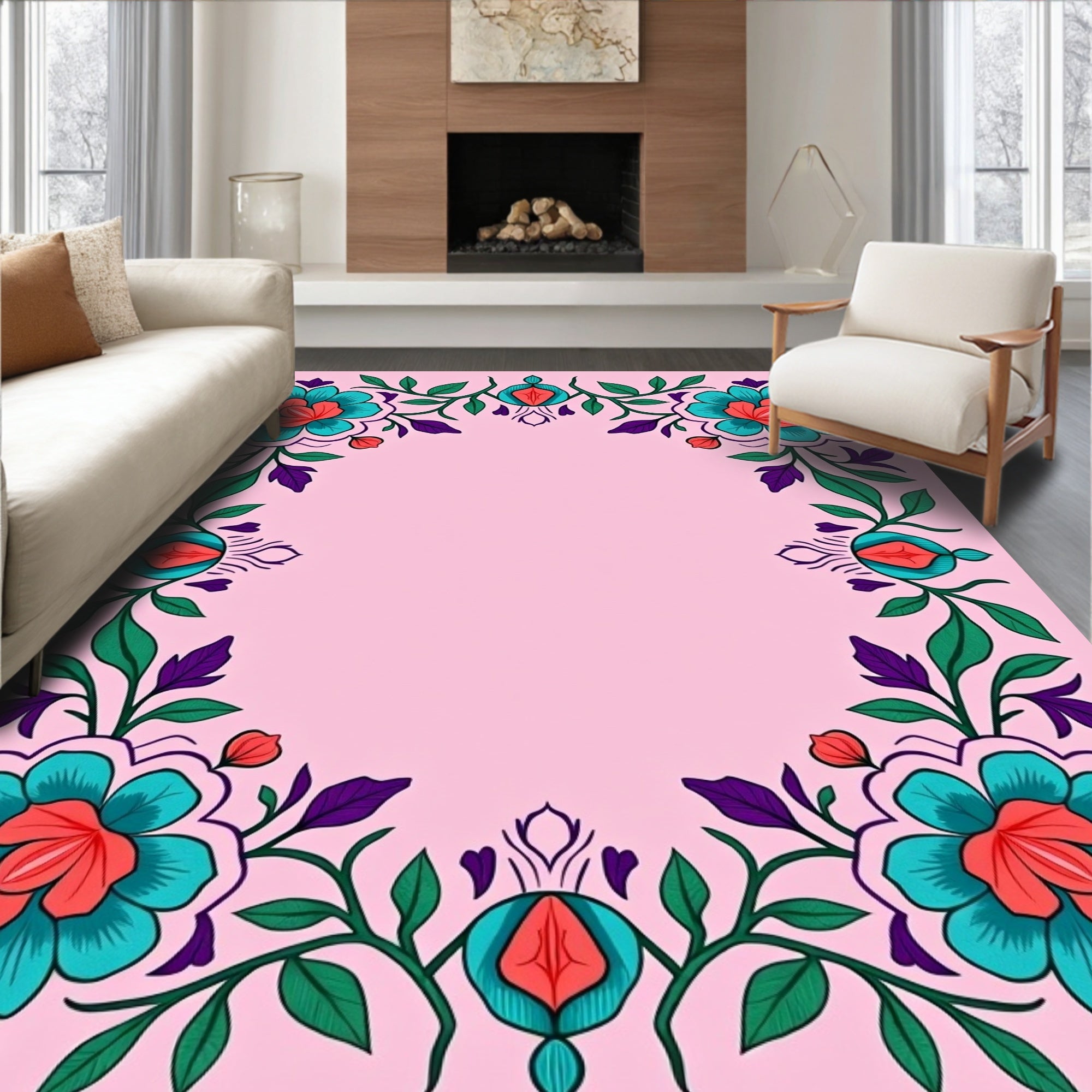 Teal Coral Blossom Vine Frame Rug
