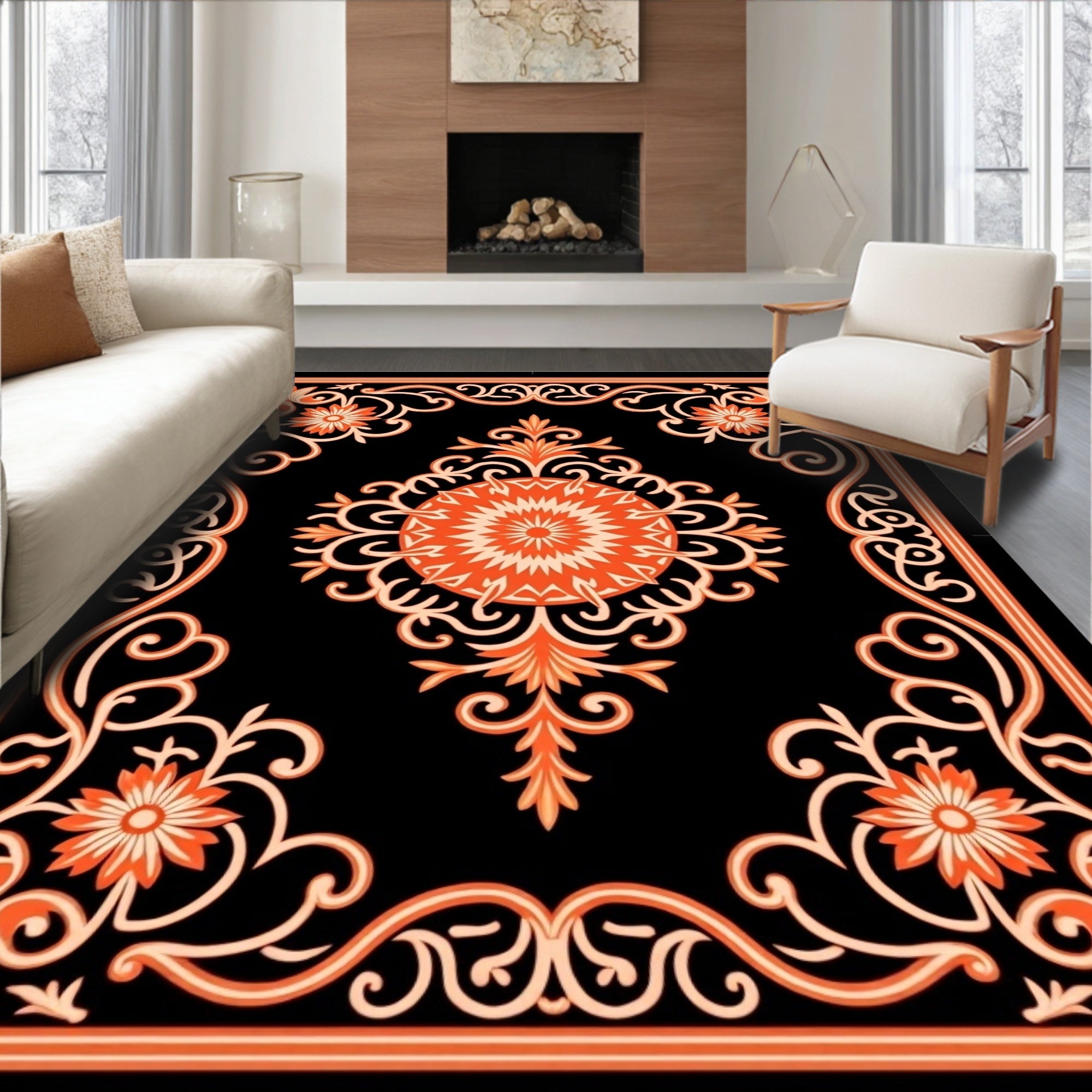 Black Orange Floral Medallion Frame Rug