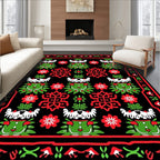 Bold Red Green Floral Border Rug