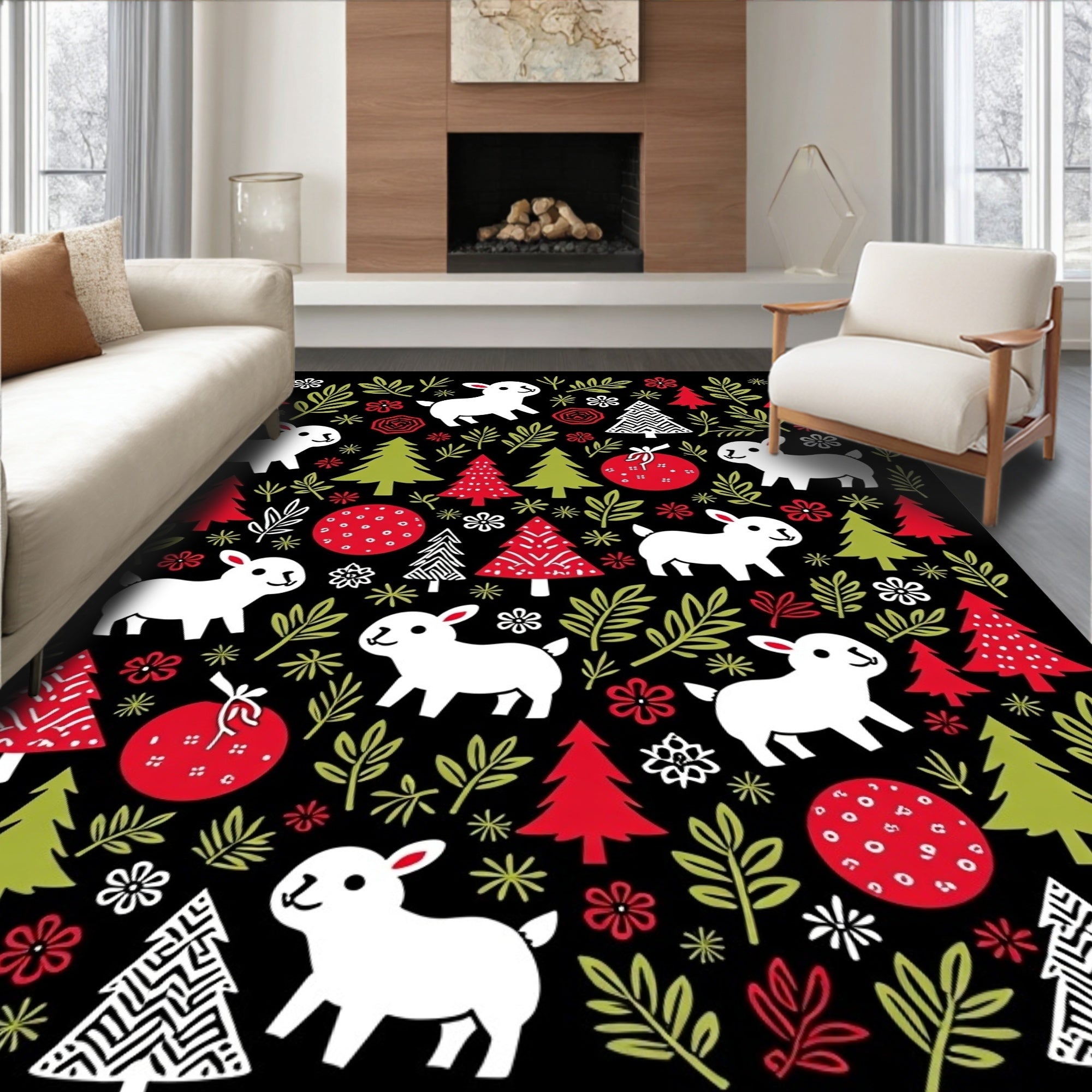 Festive White Lamb Christmas Tree Sprinkle Rug