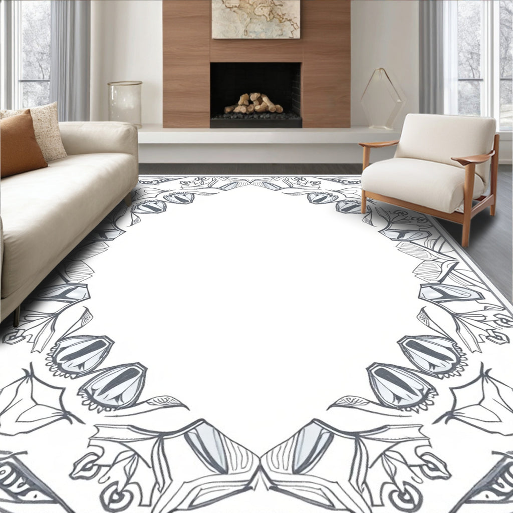 Abstract Gray Floral Medallion Frame Rug