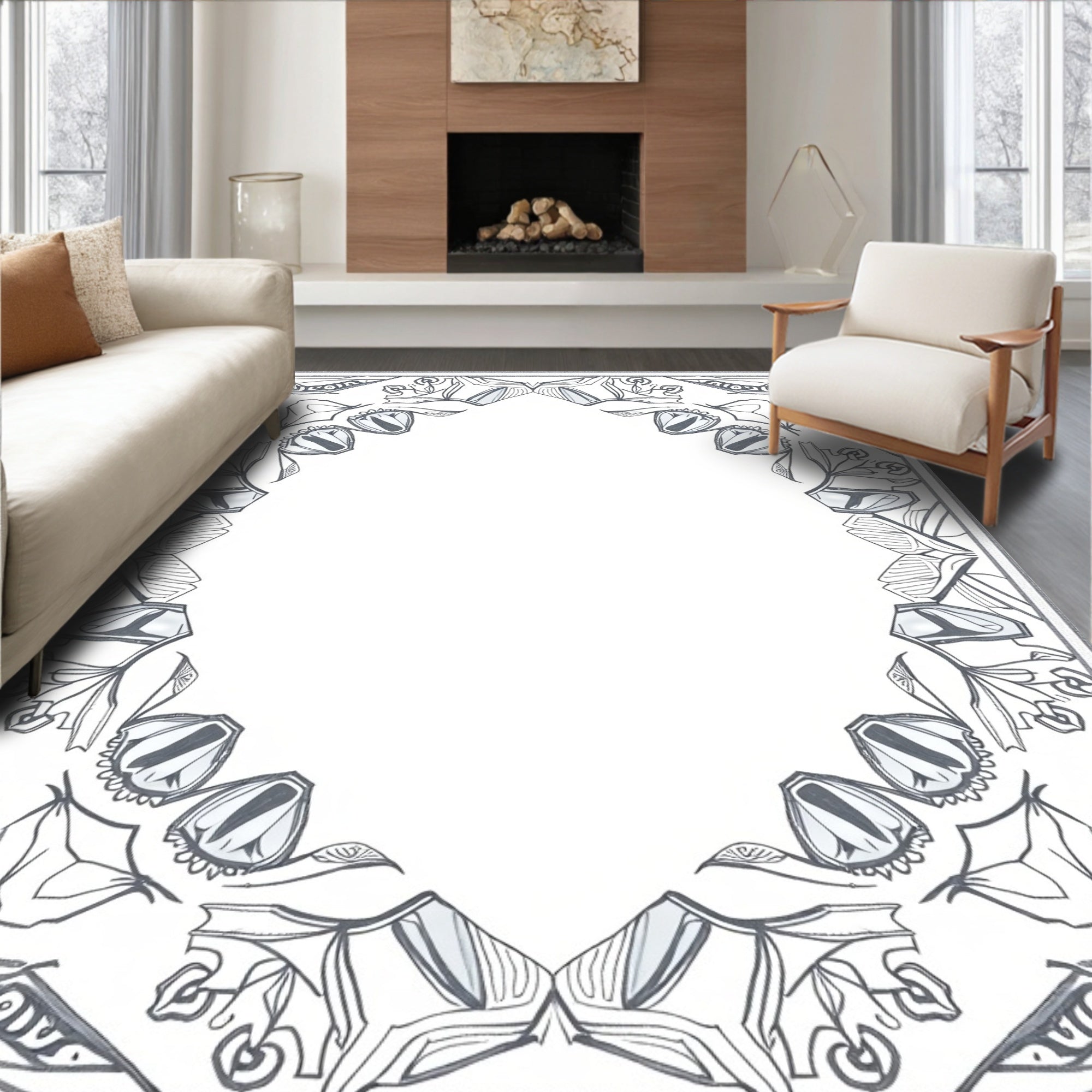 Abstract Gray Floral Medallion Frame Rug